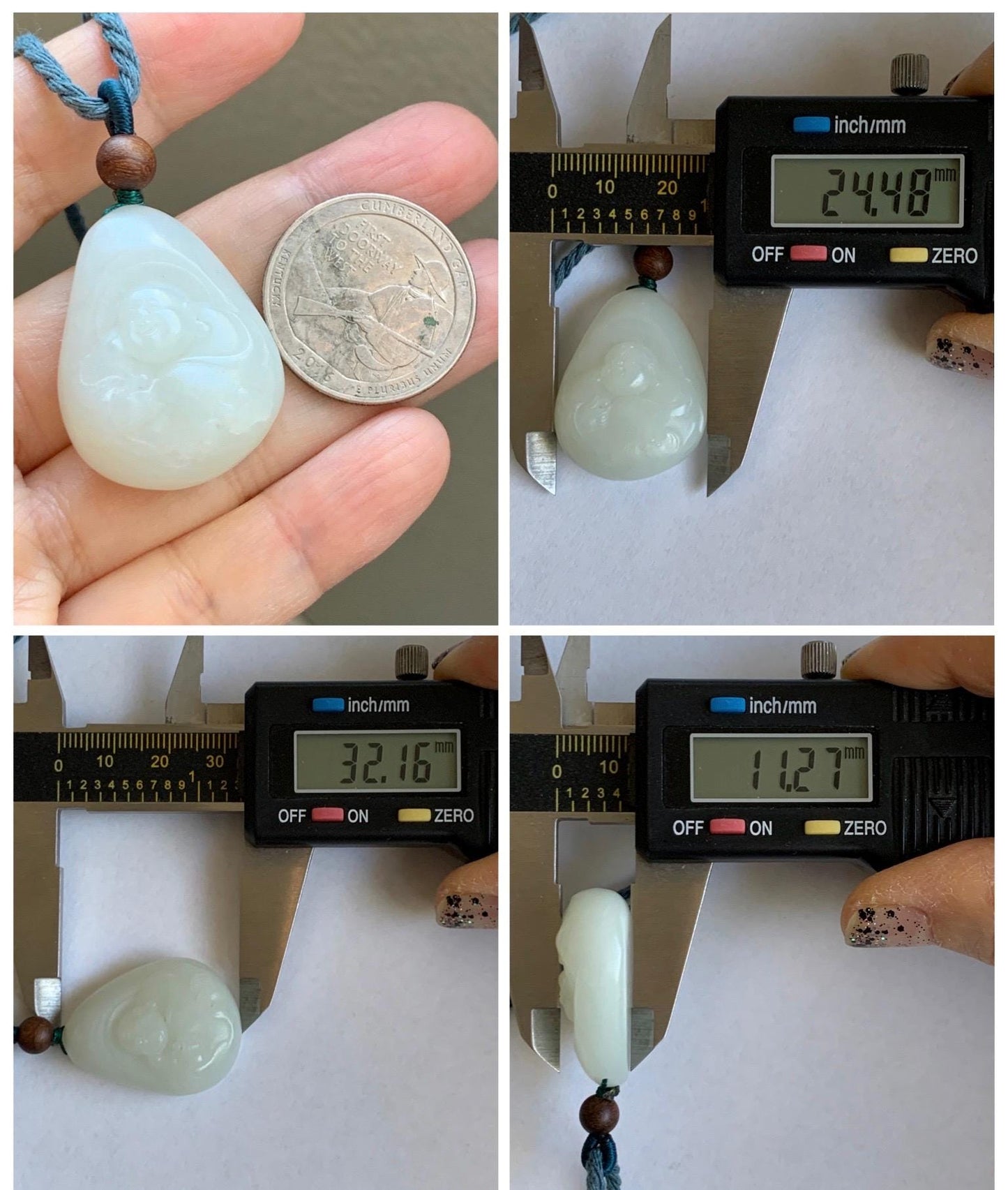 Natural Nephrite Jade Translucent Milky White Buddha Pendant Rope Necklace Adjustable 25” 15g 天然白玉佛公项链 HTB138