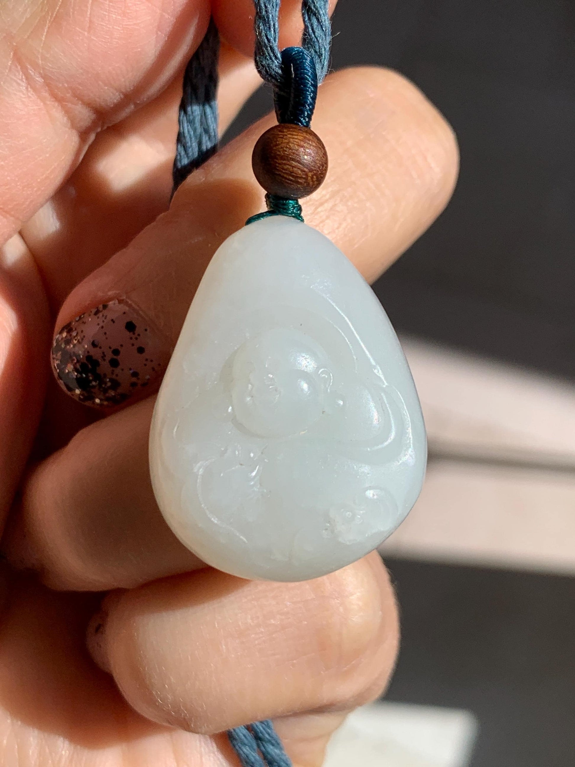 Natural Nephrite Jade Translucent Milky White Buddha Pendant Rope Necklace Adjustable 25” 15g 天然白玉佛公项链 HTB138