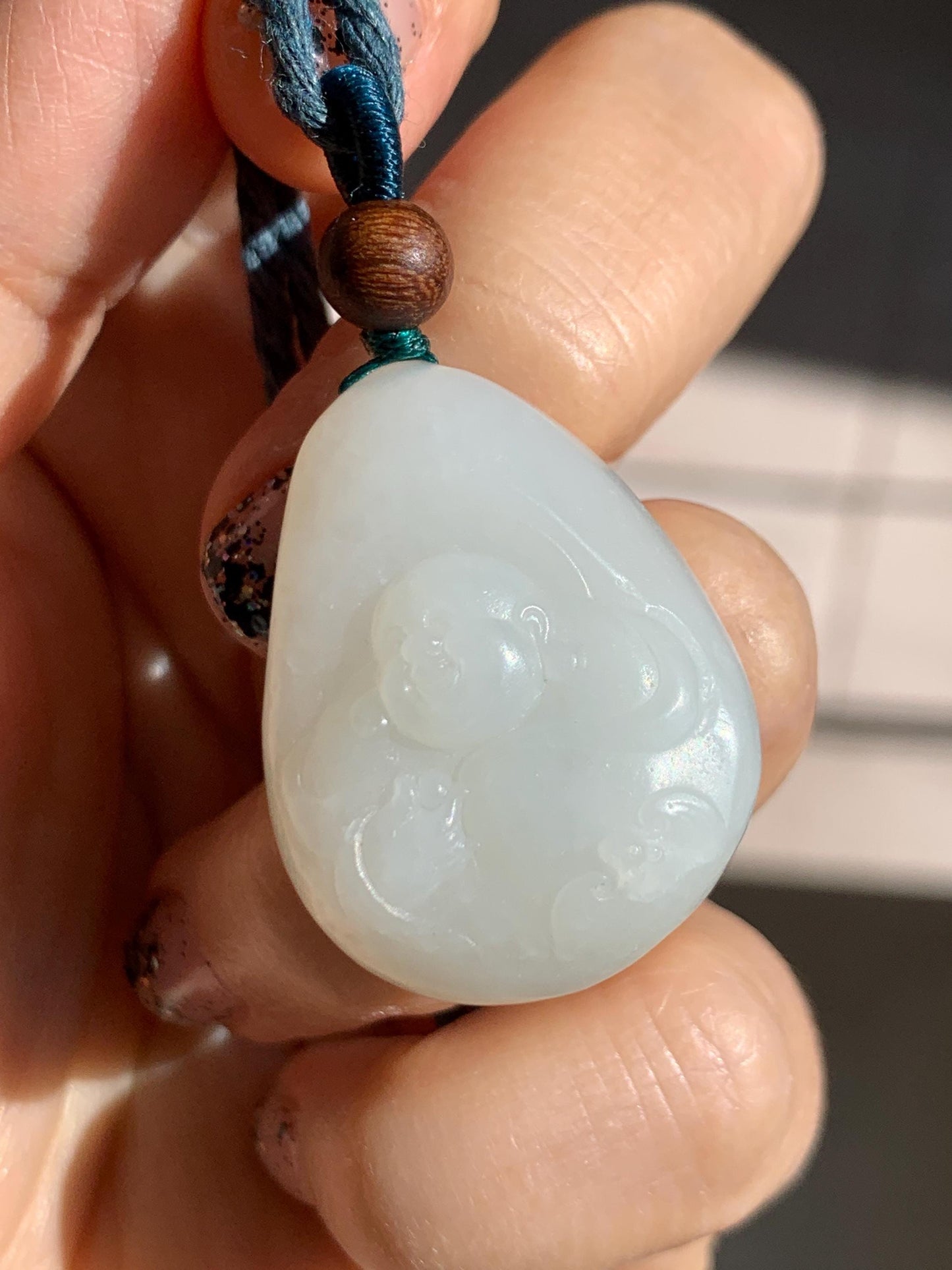 Natural Nephrite Jade Translucent Milky White Buddha Pendant Rope Necklace Adjustable 25” 15g 天然白玉佛公项链 HTB138