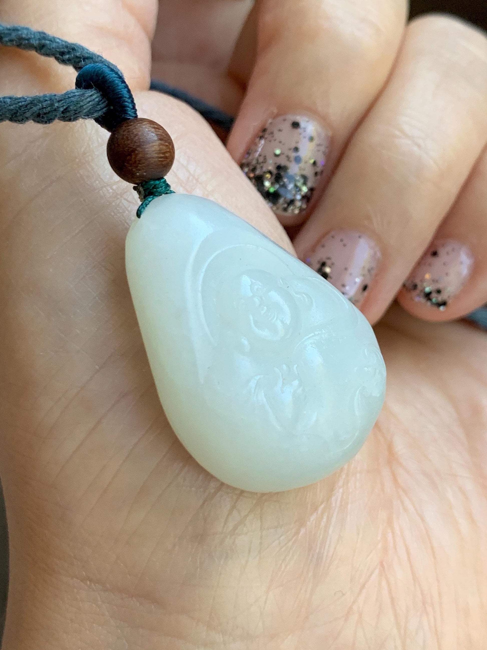 Natural Nephrite Jade Translucent Milky White Buddha Pendant Rope Necklace Adjustable 25” 15g 天然白玉佛公项链 HTB138