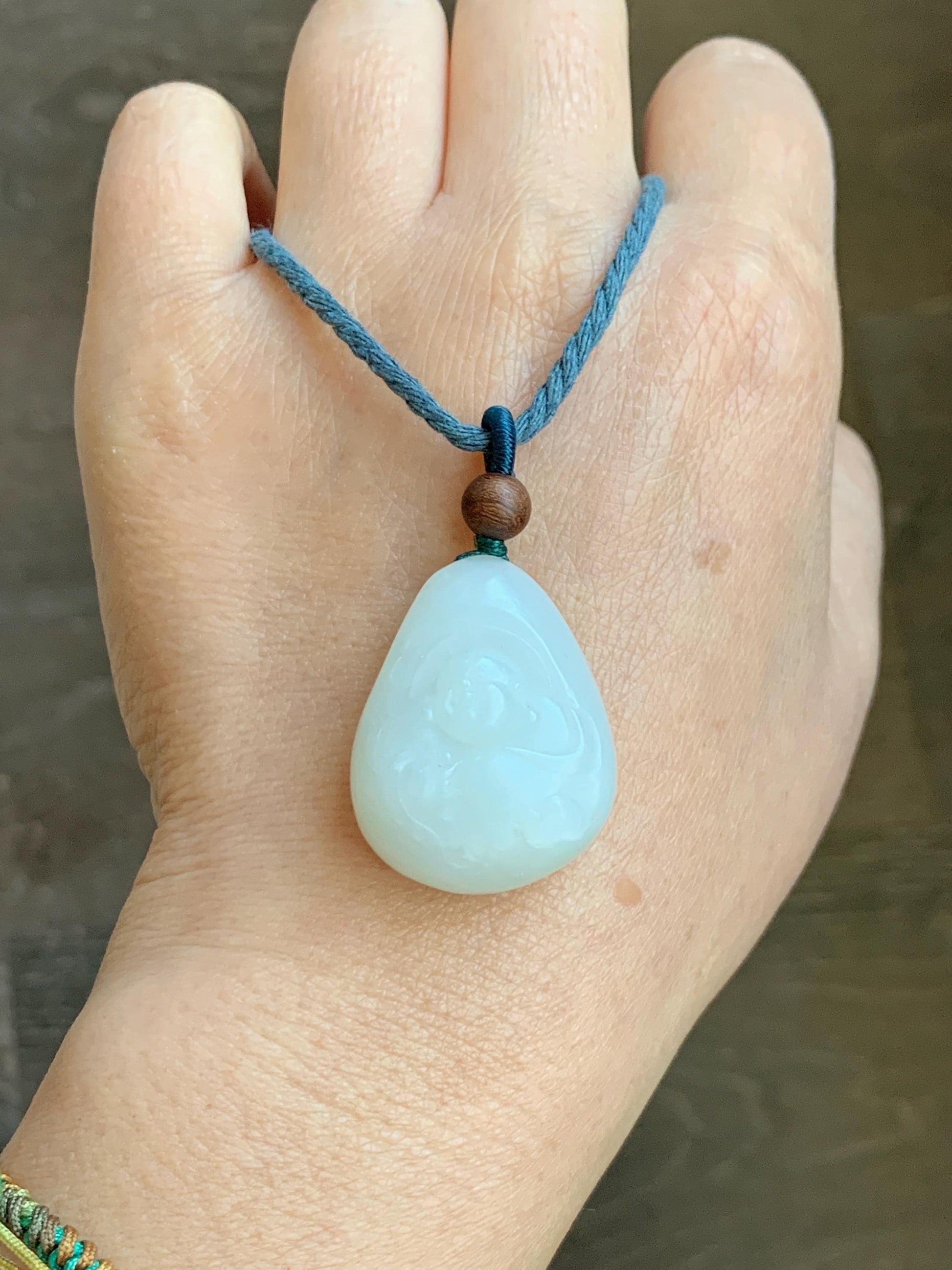 Natural Nephrite Jade Translucent Milky White Buddha Pendant Rope Necklace Adjustable 25” 15g 天然白玉佛公项链 HTB138