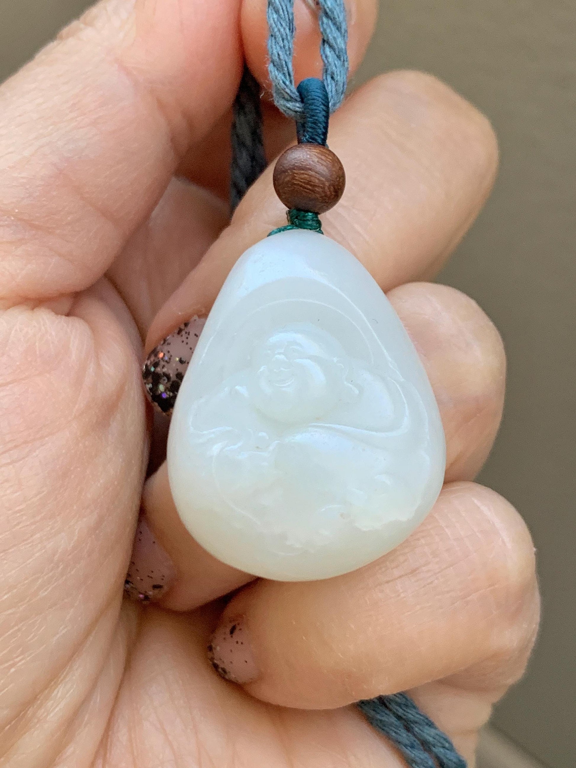 Natural Nephrite Jade Translucent Milky White Buddha Pendant Rope Necklace Adjustable 25” 15g 天然白玉佛公项链 HTB138