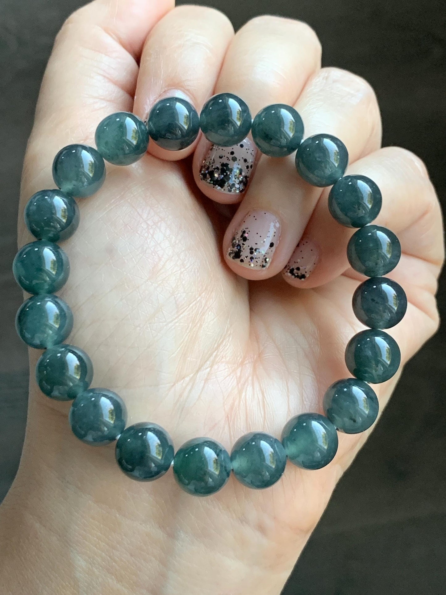 Natural Grade A Guatemalan Icy Highly Translucent Dark Gray Wuji Jade Jadeite Beads Beaded Bracelet 9.7mm 7.25” 31g 天然冰胶危乌鸡翡翠手串 WWJ650