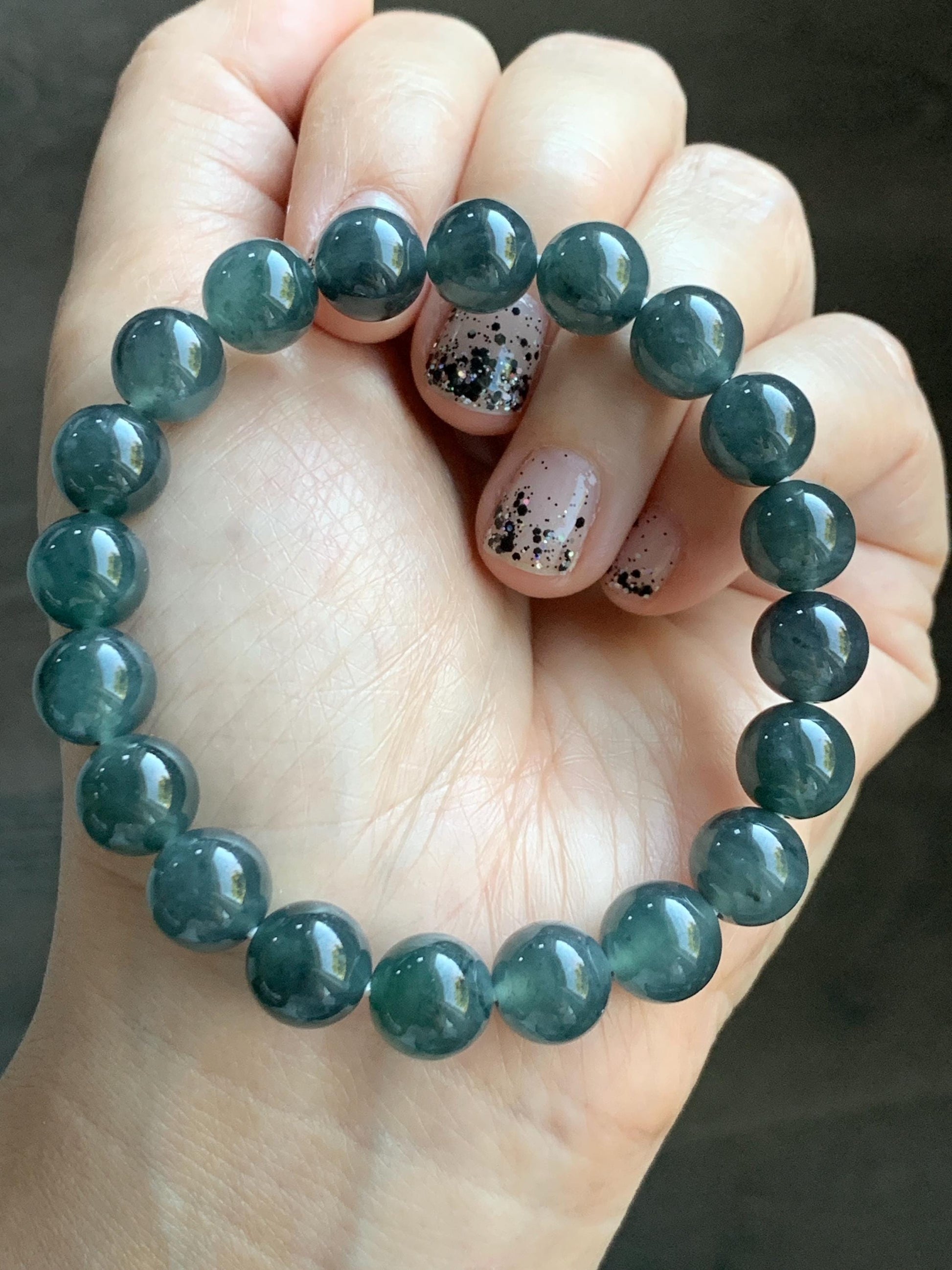 Natural Grade A Guatemalan Icy Highly Translucent Dark Gray Wuji Jade Jadeite Beads Beaded Bracelet 9.7mm 7.25” 31g 天然冰胶危乌鸡翡翠手串 WWJ650