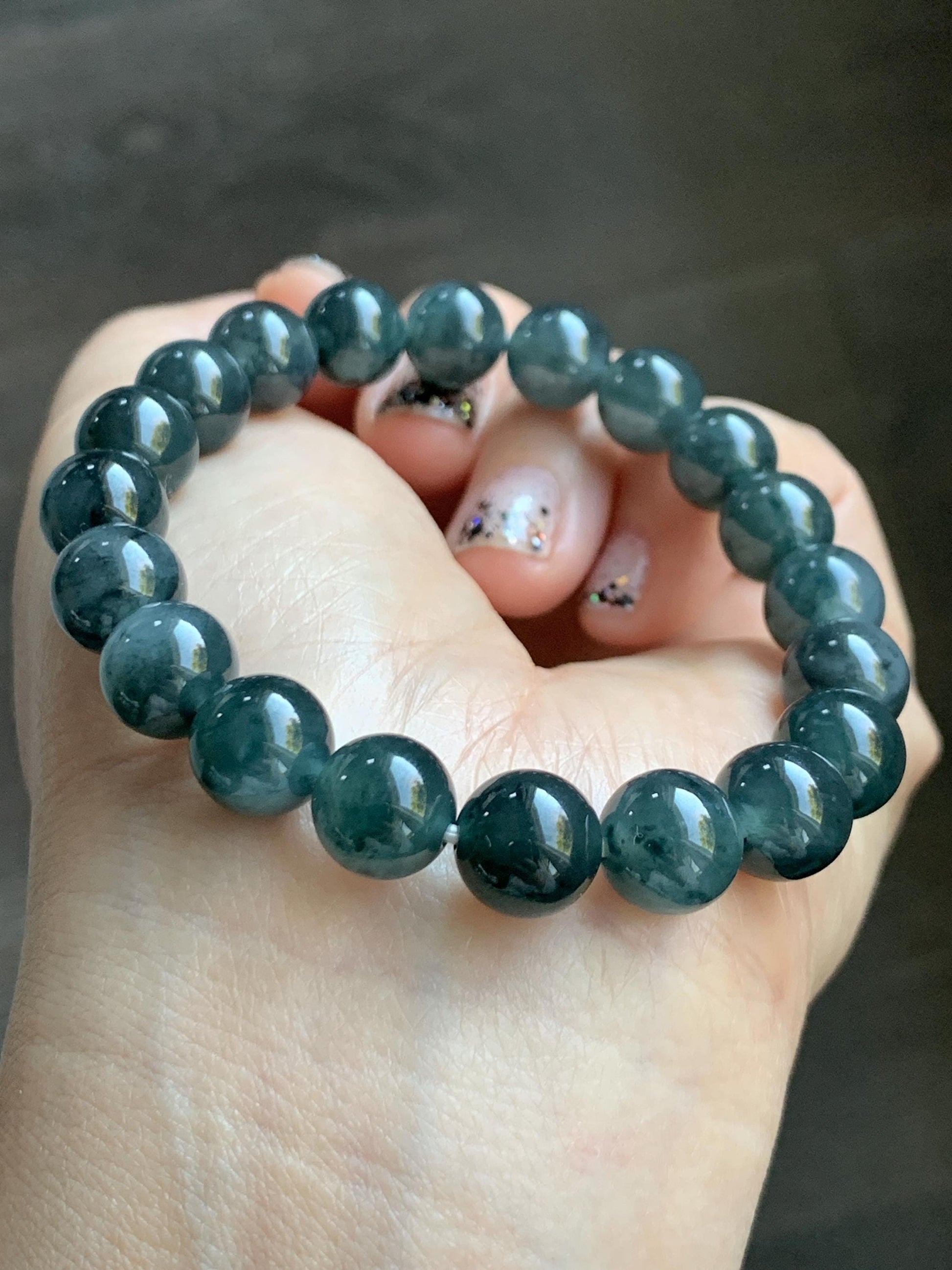 Natural Grade A Guatemalan Icy Highly Translucent Dark Gray Wuji Jade Jadeite Beads Beaded Bracelet 9.7mm 7.25” 31g 天然冰胶危乌鸡翡翠手串 WWJ650