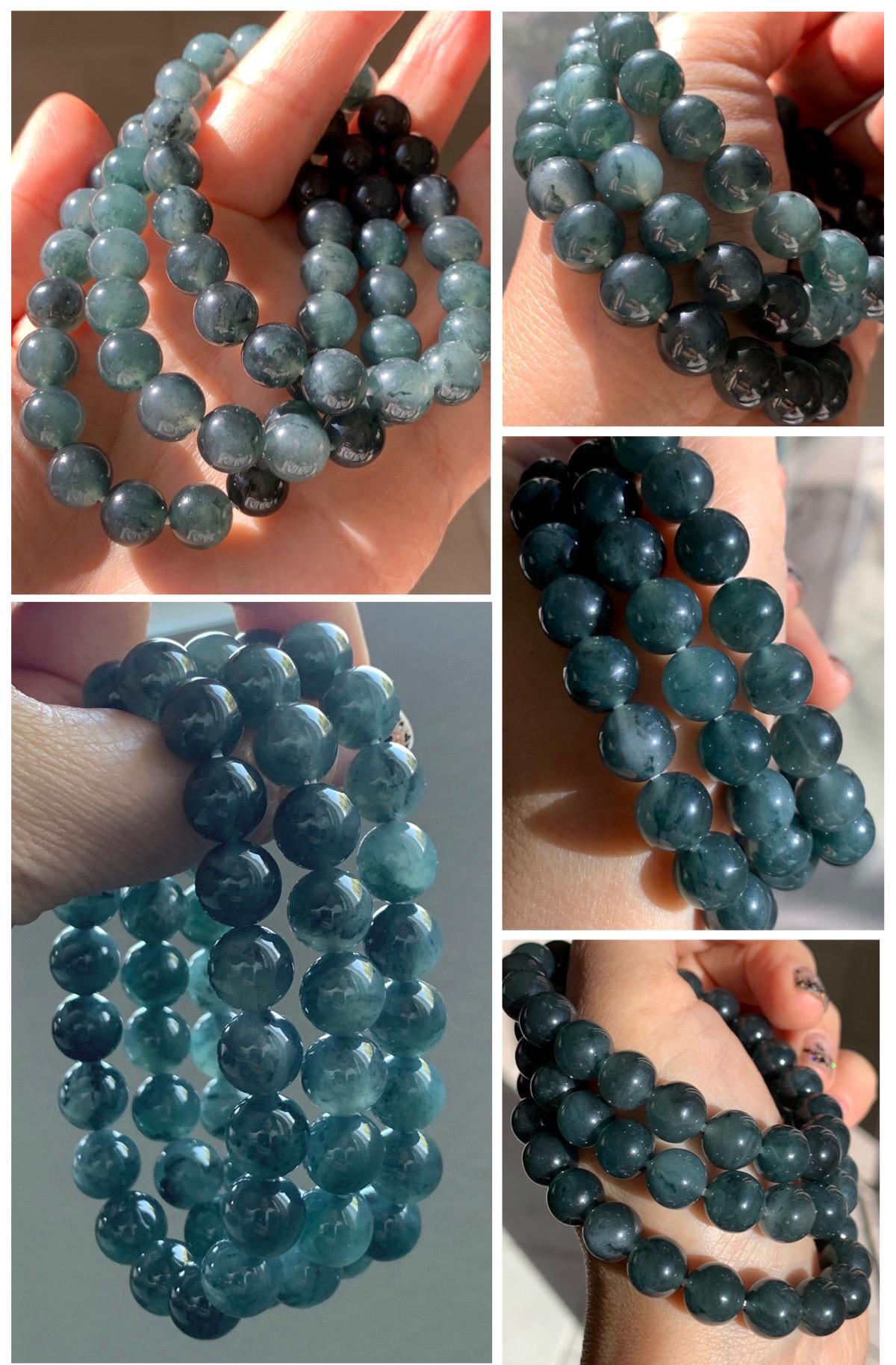Natural Grade A Guatemalan Icy Highly Translucent Dark Gray Wuji Jade Jadeite Beads Beaded Bracelet 9.7mm 7.25” 31g 天然冰胶危乌鸡翡翠手串 WWJ650