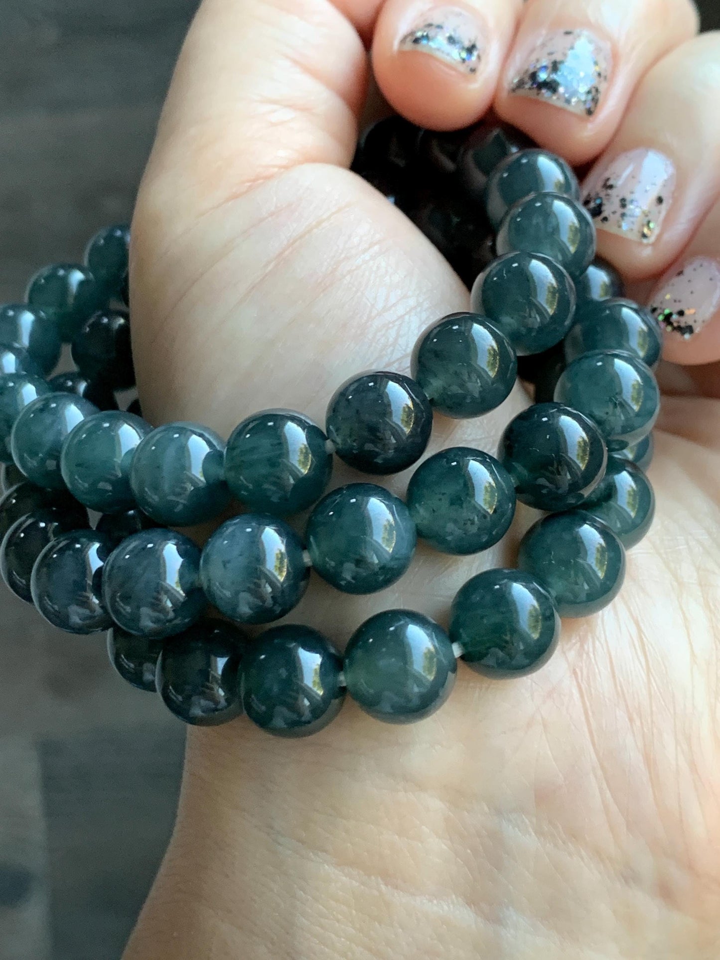 Natural Grade A Guatemalan Icy Highly Translucent Dark Gray Wuji Jade Jadeite Beads Beaded Bracelet 9.7mm 7.25” 31g 天然冰胶危乌鸡翡翠手串 WWJ650