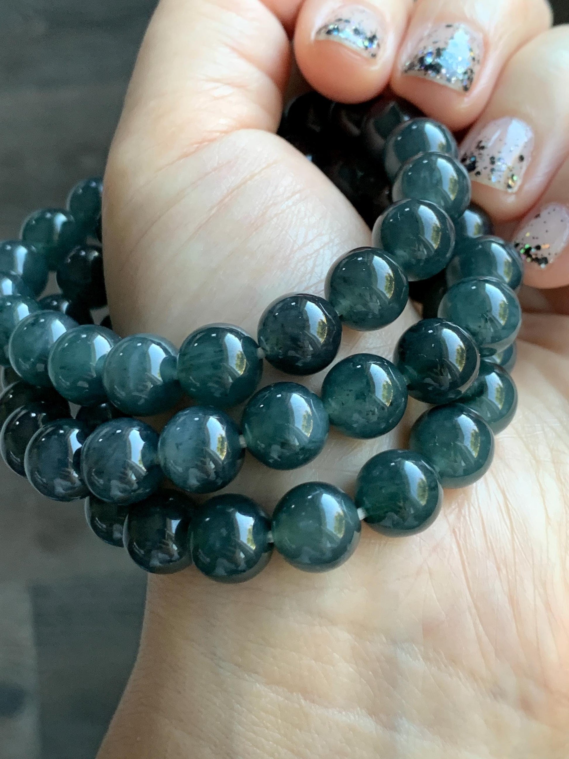 Natural Grade A Guatemalan Icy Highly Translucent Dark Gray Wuji Jade Jadeite Beads Beaded Bracelet 9.7mm 7.25” 31g 天然冰胶危乌鸡翡翠手串 WWJ650