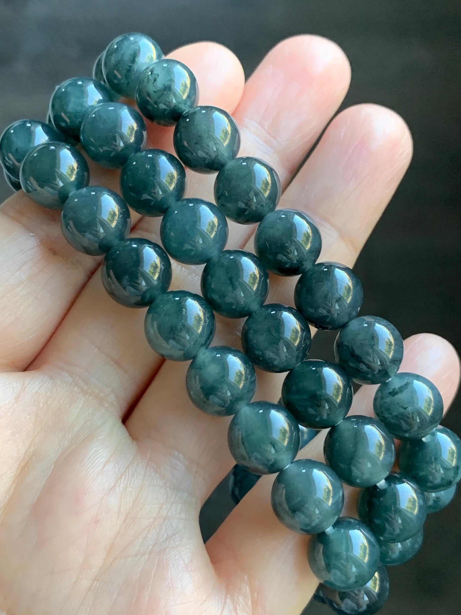 Natural Grade A Guatemalan Icy Highly Translucent Dark Gray Wuji Jade Jadeite Beads Beaded Bracelet 9.7mm 7.25” 31g 天然冰胶危乌鸡翡翠手串 WWJ650