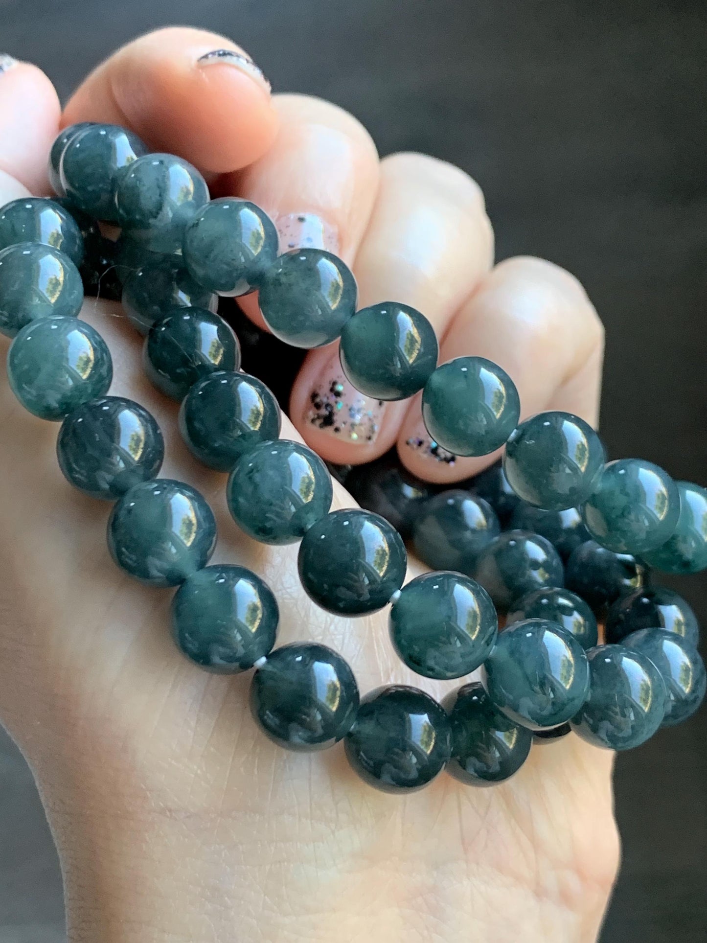Natural Grade A Guatemalan Icy Highly Translucent Dark Gray Wuji Jade Jadeite Beads Beaded Bracelet 9.7mm 7.25” 31g 天然冰胶危乌鸡翡翠手串 WWJ650
