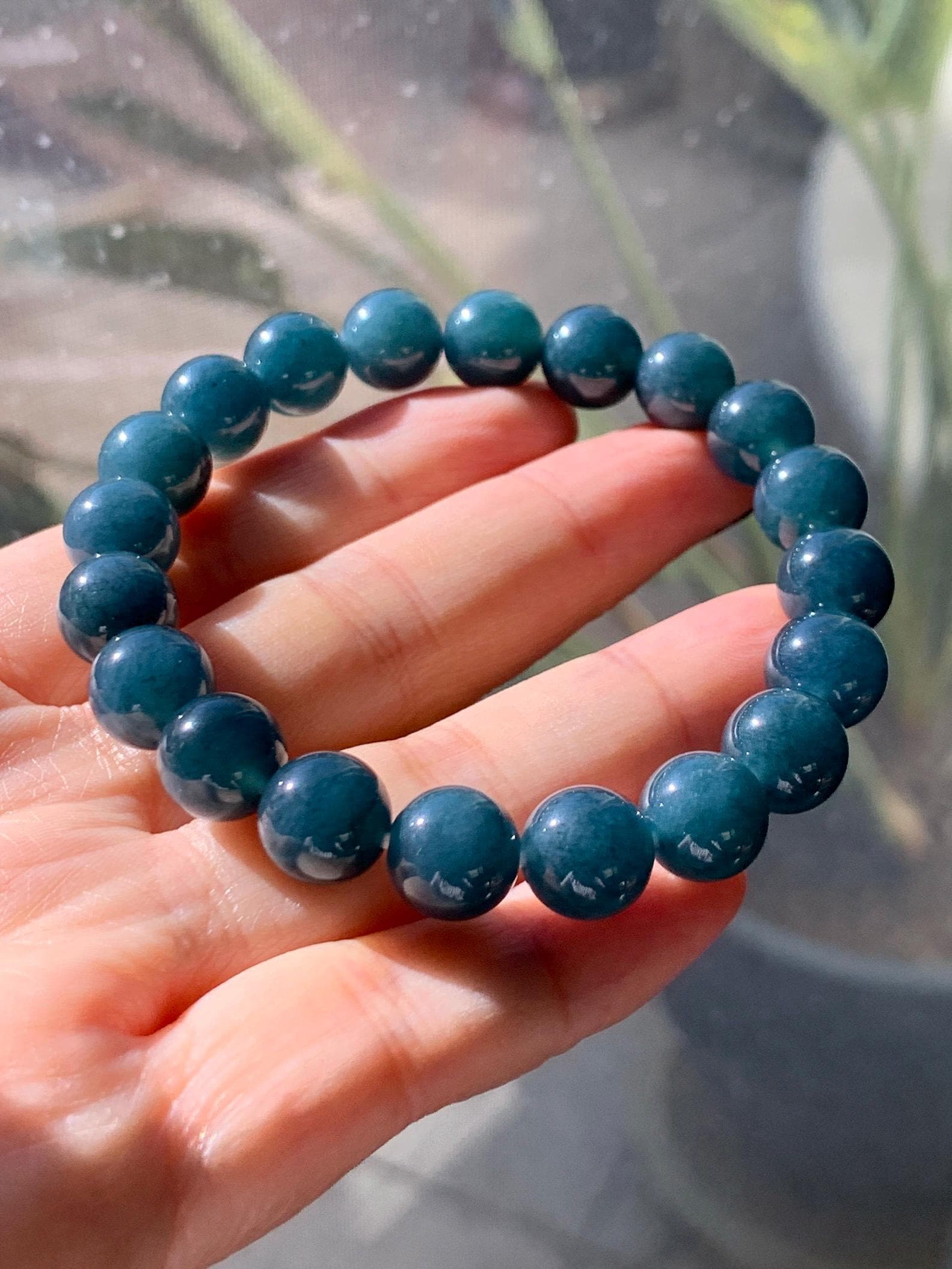 Natural Grade A Guatemalan Icy Translucent Dark Aegean Blue Jade Jadeite Beaded Bracelet 9.8mm 7.25” 33g 天然冰危深牛仔蓝翡翠圆珠手串 SNJ880B