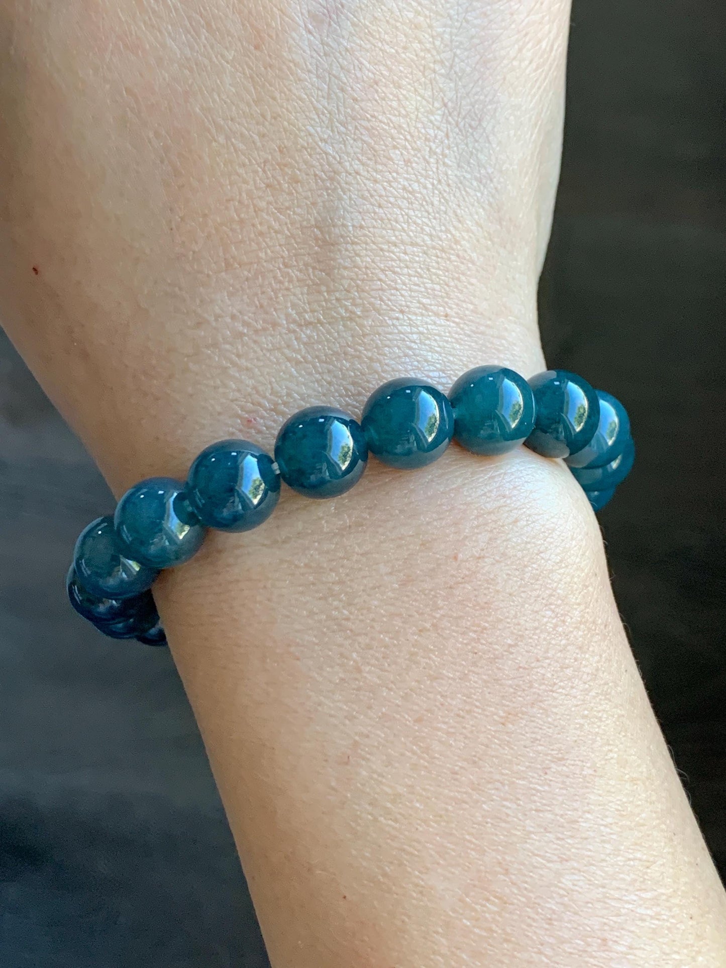 Natural Grade A Guatemalan Icy Translucent Dark Aegean Blue Jade Jadeite Beaded Bracelet 9.8mm 7.25” 33g 天然冰危深牛仔蓝翡翠圆珠手串 SNJ880B