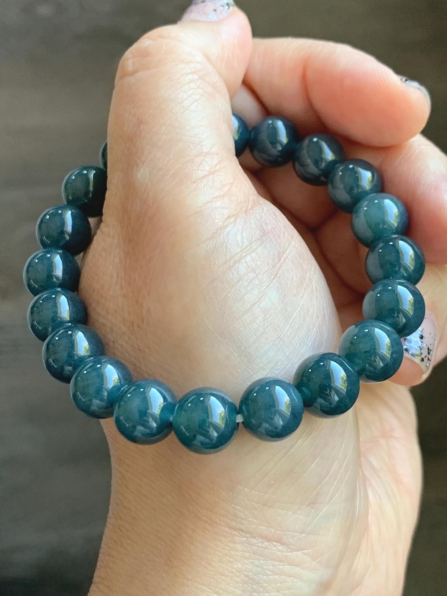 Natural Grade A Guatemalan Icy Translucent Dark Aegean Blue Jade Jadeite Beaded Bracelet 9.8mm 7.25” 33g 天然冰危深牛仔蓝翡翠圆珠手串 SNJ880B