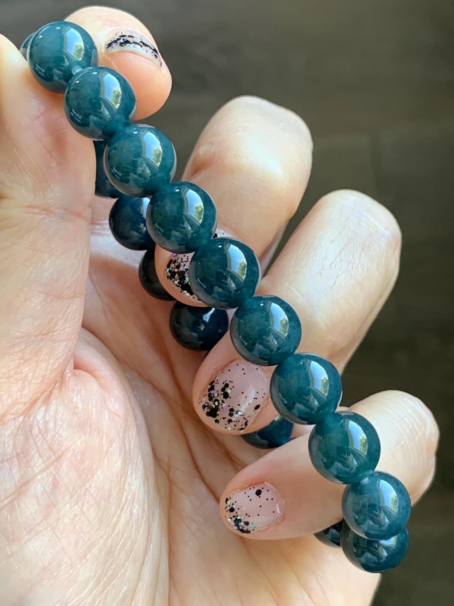 Natural Grade A Guatemalan Icy Translucent Dark Aegean Blue Jade Jadeite Beaded Bracelet 9.8mm 7.25” 33g 天然冰危深牛仔蓝翡翠圆珠手串 SNJ880B