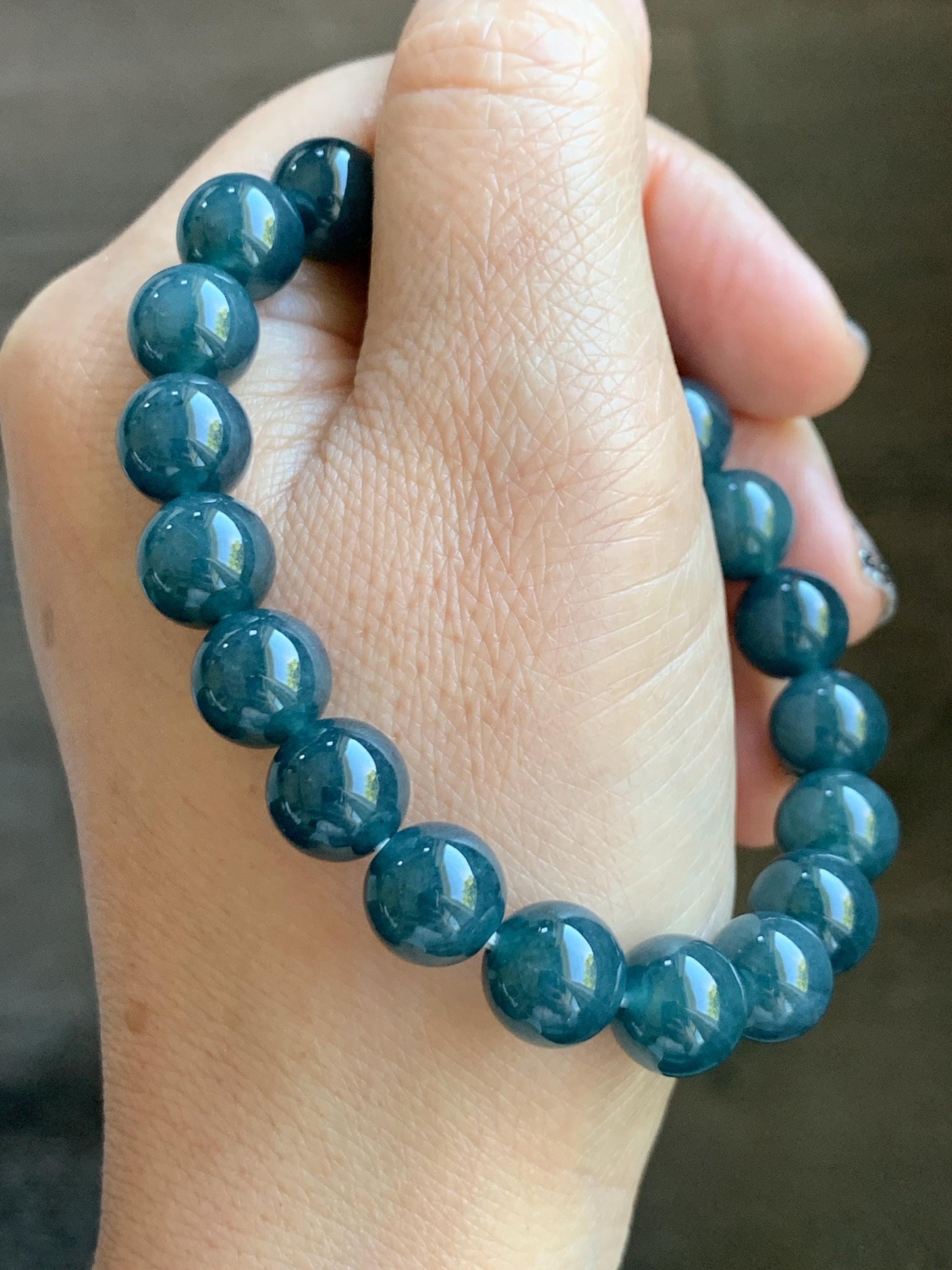 Natural Grade A Guatemalan Icy Translucent Dark Aegean Blue Jade Jadeite Beaded Bracelet 9.8mm 7.25” 33g 天然冰危深牛仔蓝翡翠圆珠手串 SNJ880B