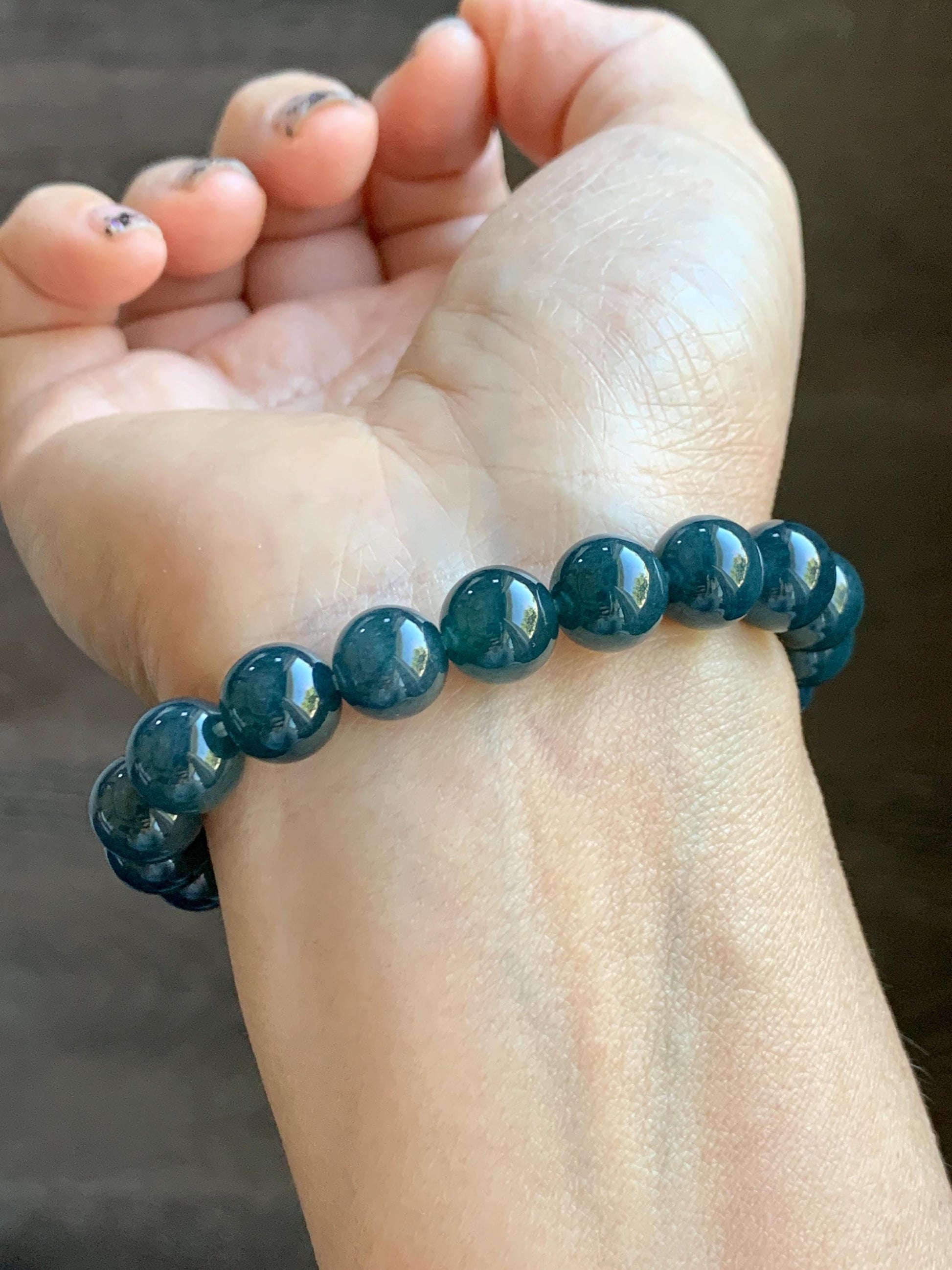 Natural Grade A Guatemalan Icy Translucent Dark Aegean Blue Jade Jadeite Beaded Bracelet 9.8mm 7.25” 33g 天然冰危深牛仔蓝翡翠圆珠手串 SNJ880B