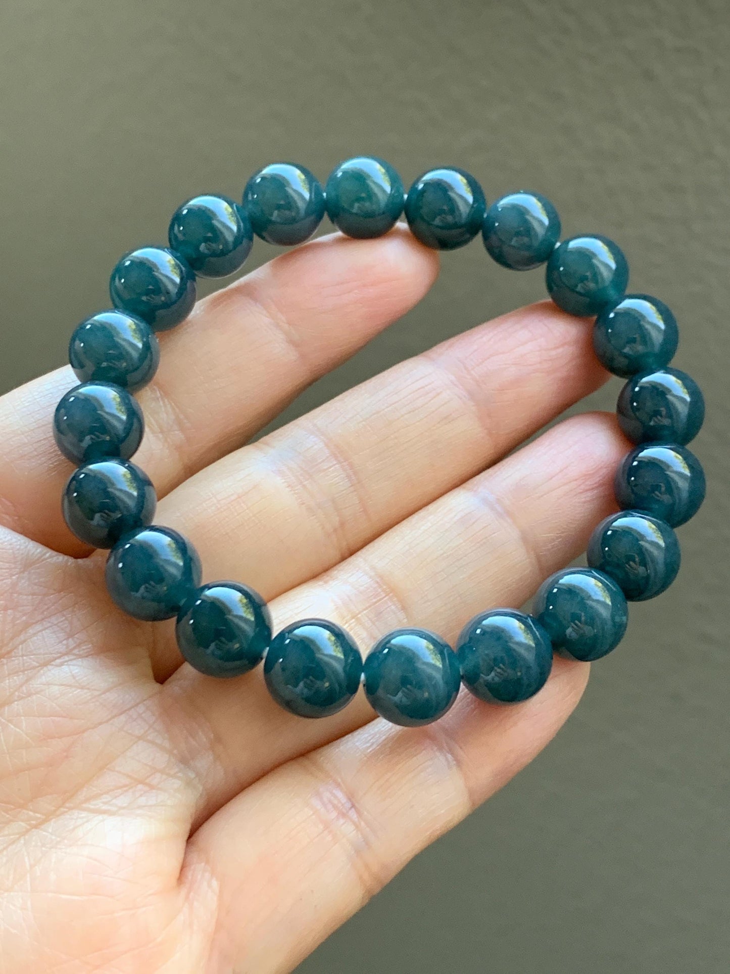 Natural Grade A Guatemalan Icy Translucent Dark Aegean Blue Jade Jadeite Beaded Bracelet 9.8mm 7.25” 33g 天然冰危深牛仔蓝翡翠圆珠手串 SNJ880B