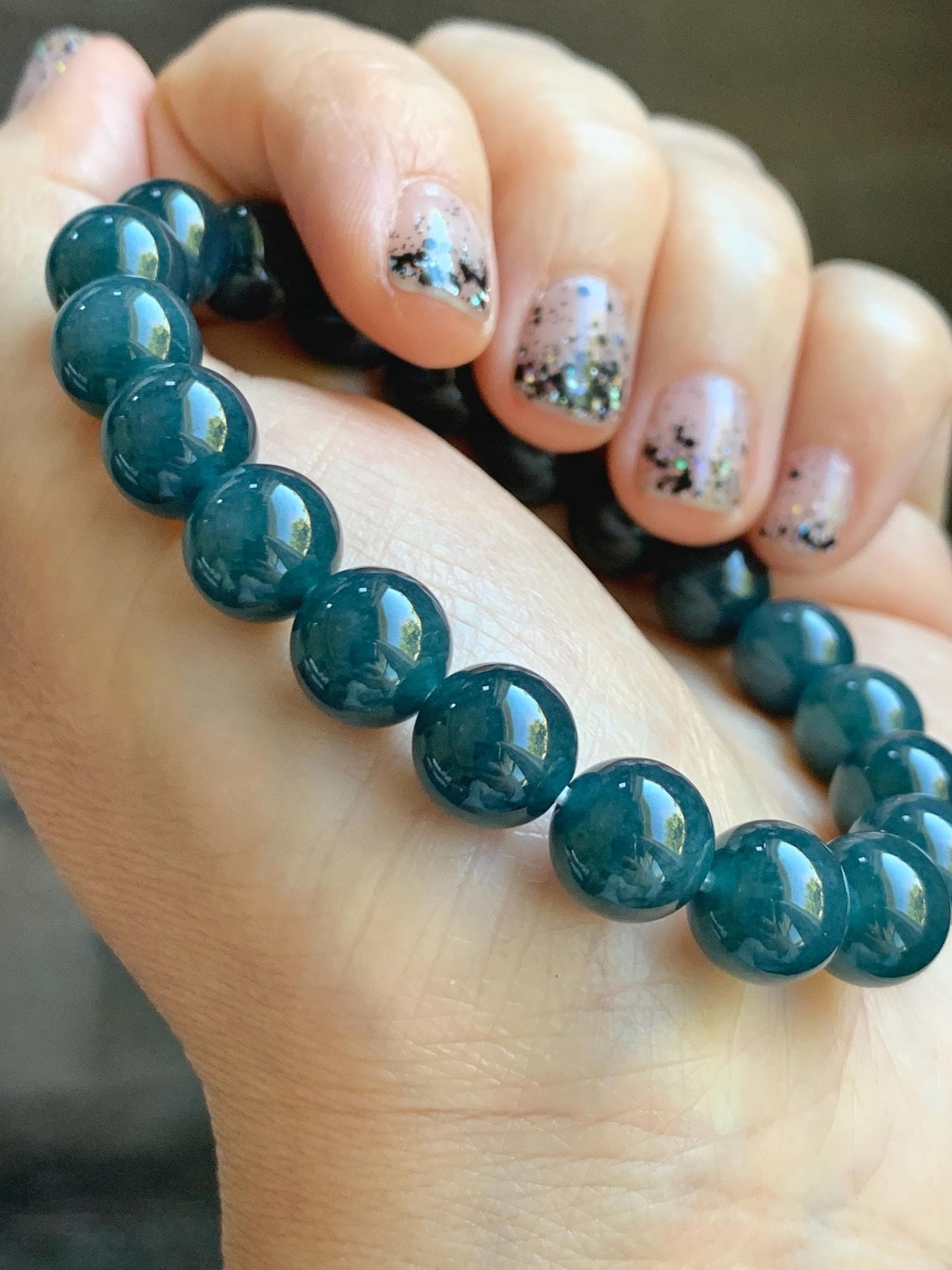 Natural Grade A Guatemalan Icy Translucent Dark Aegean Blue Jade Jadeite Beaded Bracelet 9.8mm 7.25” 33g 天然冰危深牛仔蓝翡翠圆珠手串 SNJ880B