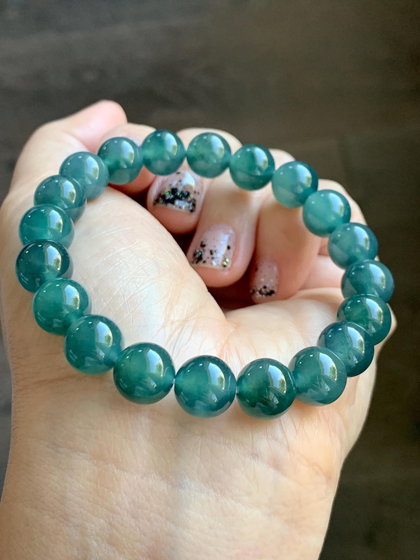 Natural Grade A Guatemalan Icy Highly Translucent Dark Teal Green Jade Jadeite Beaded Bracelet Stretchy 9.8mm 7.25” 32g 天然冰危深蓝绿翡翠圆珠手串WTL480B