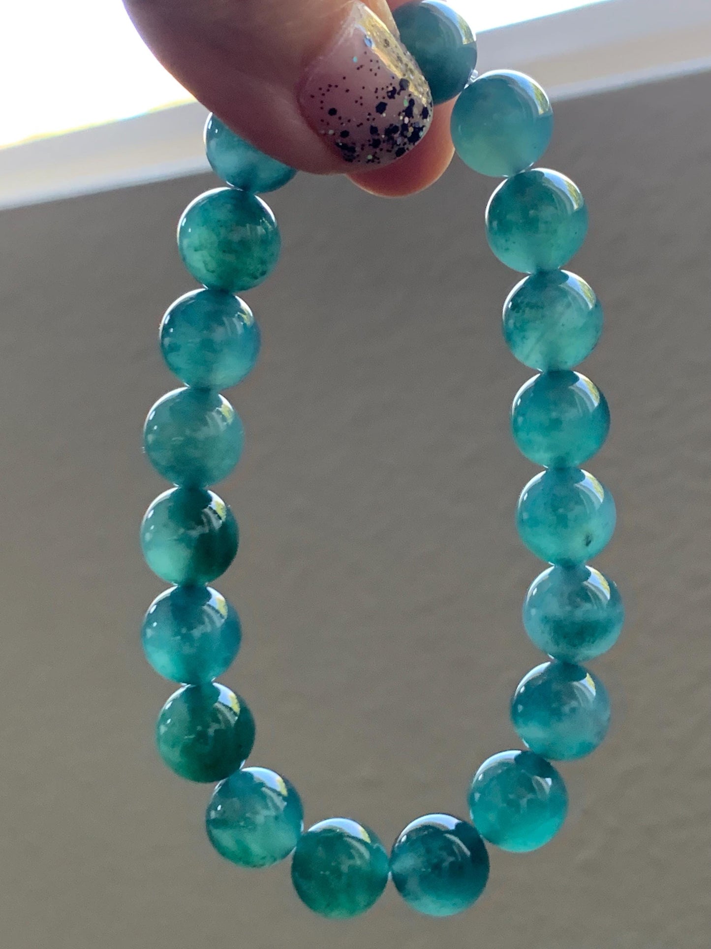 Natural Grade A Guatemalan Icy Highly Translucent Dark Teal Green Jade Jadeite Beaded Bracelet Stretchy 9.8mm 7.25” 32g 天然冰危深蓝绿翡翠圆珠手串WTL480B
