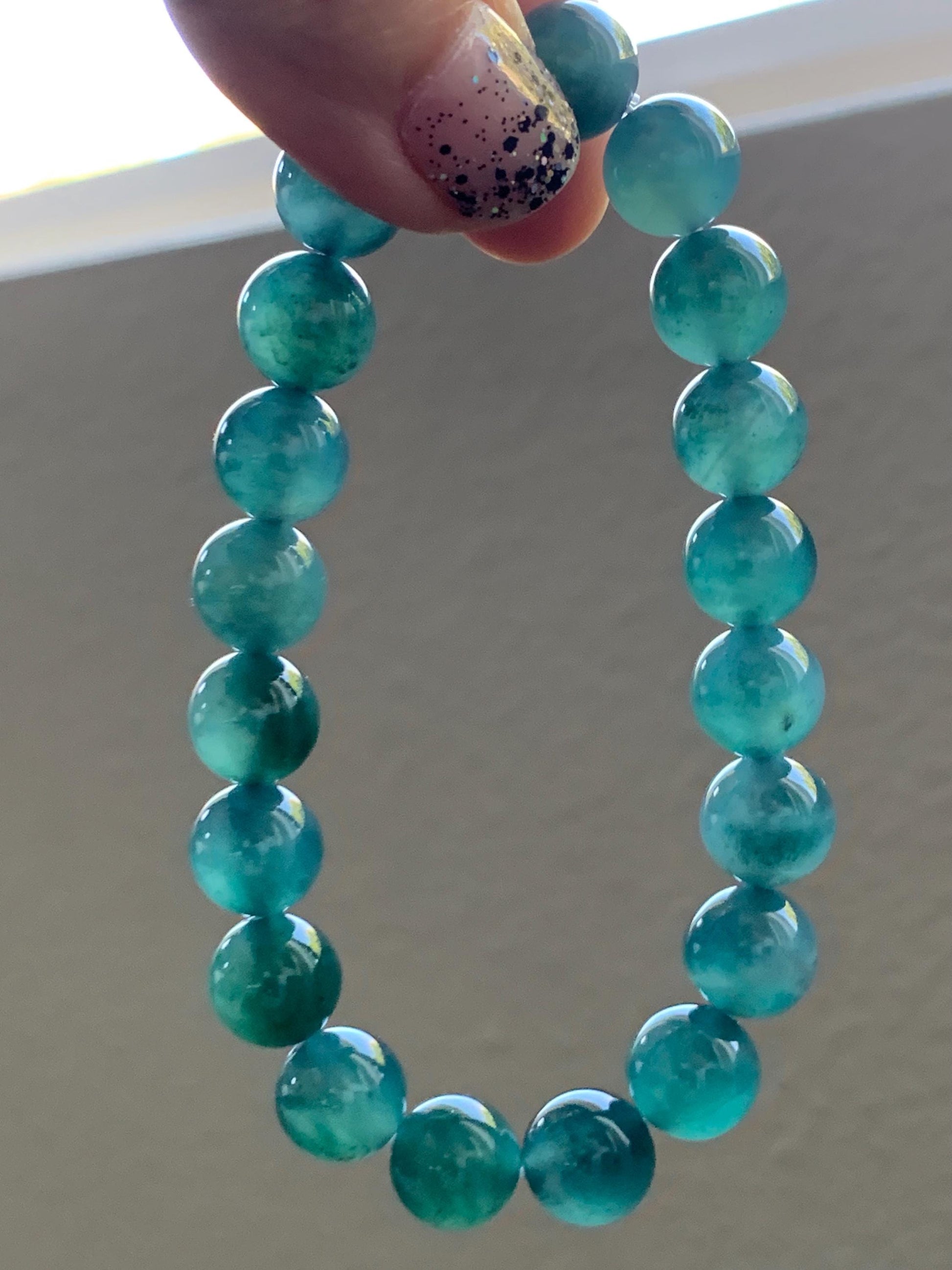 Natural Grade A Guatemalan Icy Highly Translucent Dark Teal Green Jade Jadeite Beaded Bracelet Stretchy 9.8mm 7.25” 32g 天然冰危深蓝绿翡翠圆珠手串WTL480B