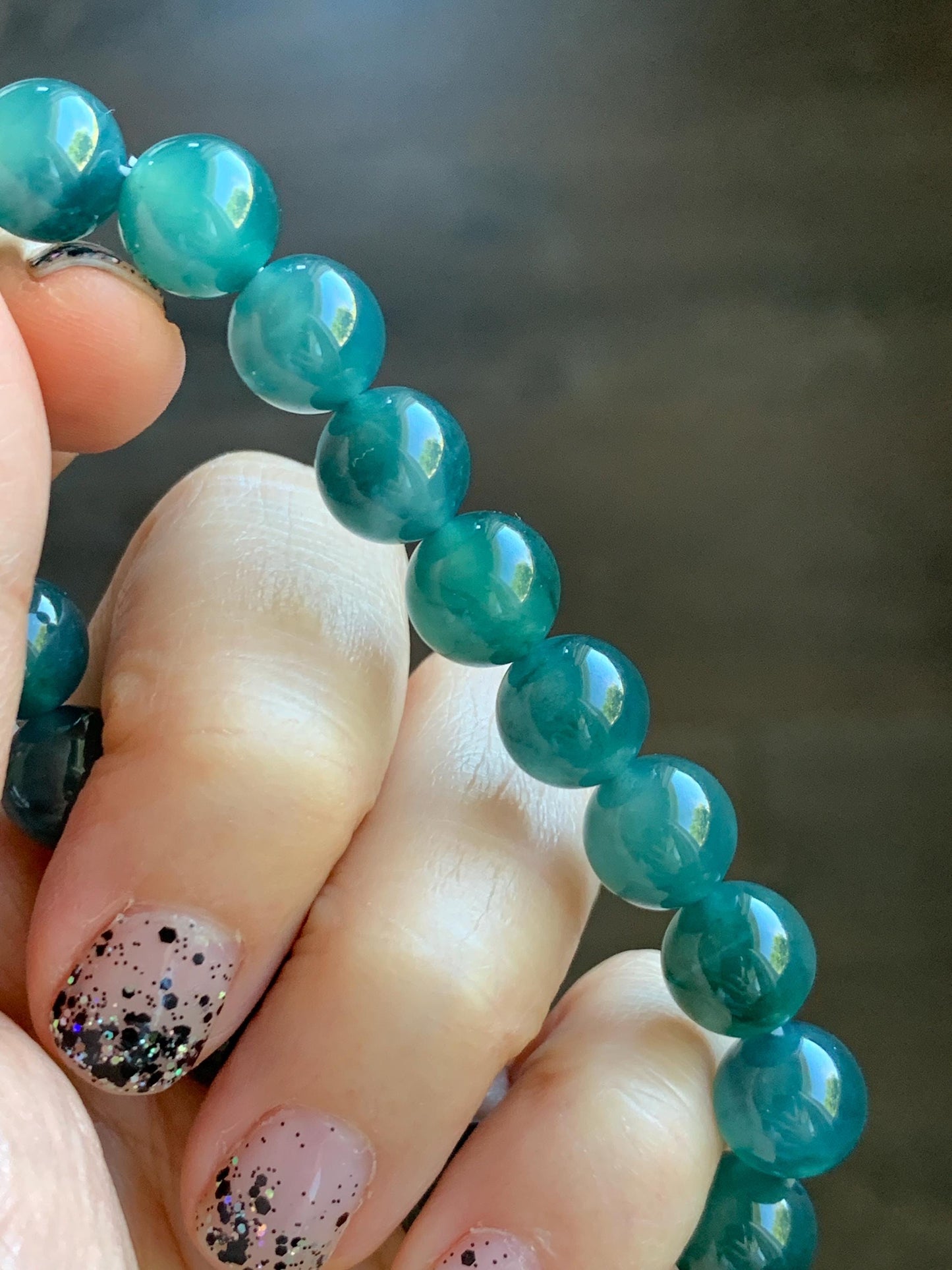 Natural Grade A Guatemalan Icy Highly Translucent Dark Teal Green Jade Jadeite Beaded Bracelet Stretchy 9.8mm 7.25” 32g 天然冰危深蓝绿翡翠圆珠手串WTL480B