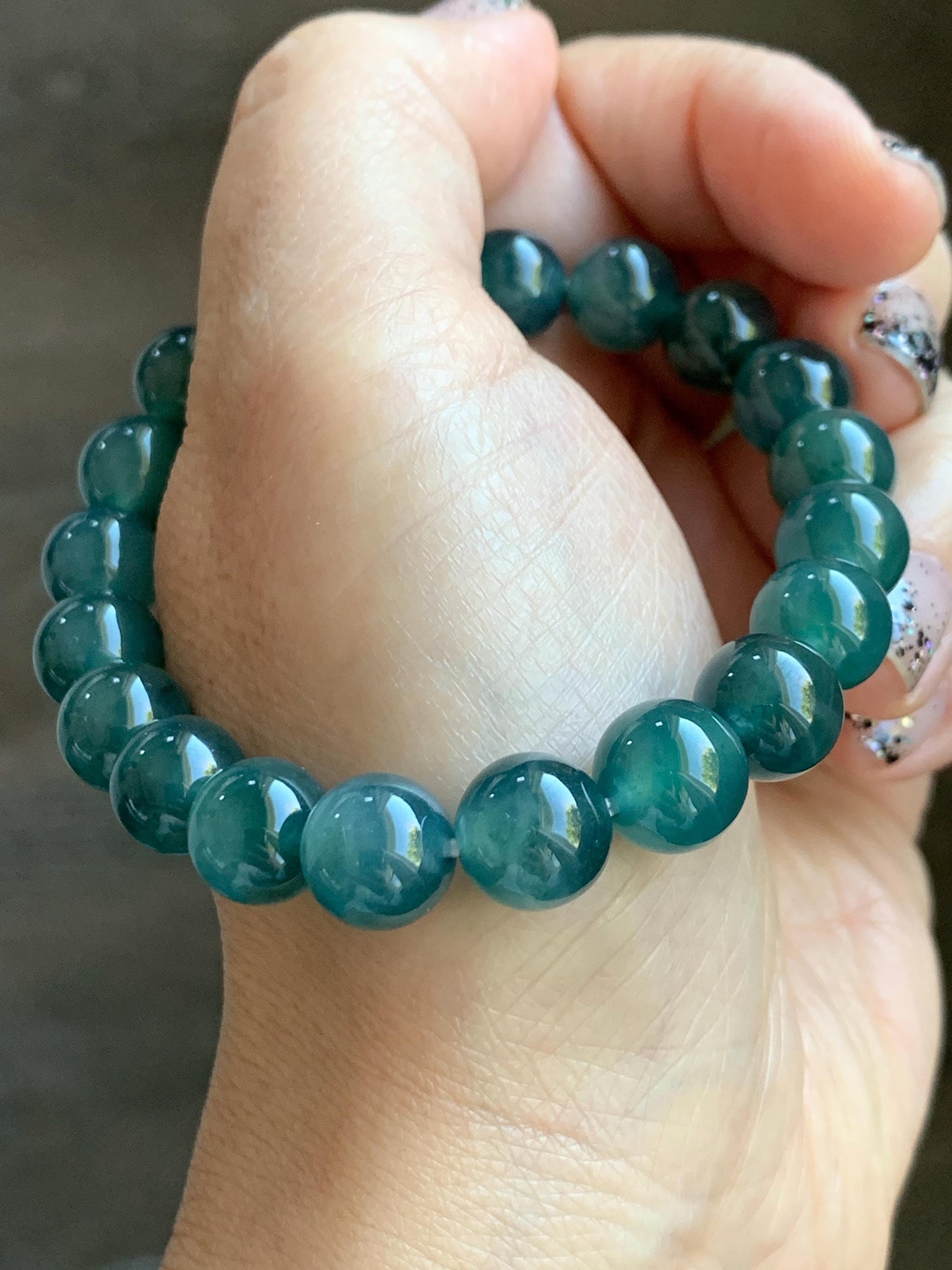 Natural Grade A Guatemalan Icy Highly Translucent Dark Teal Green Jade Jadeite Beaded Bracelet Stretchy 9.8mm 7.25” 32g 天然冰危深蓝绿翡翠圆珠手串WTL480B