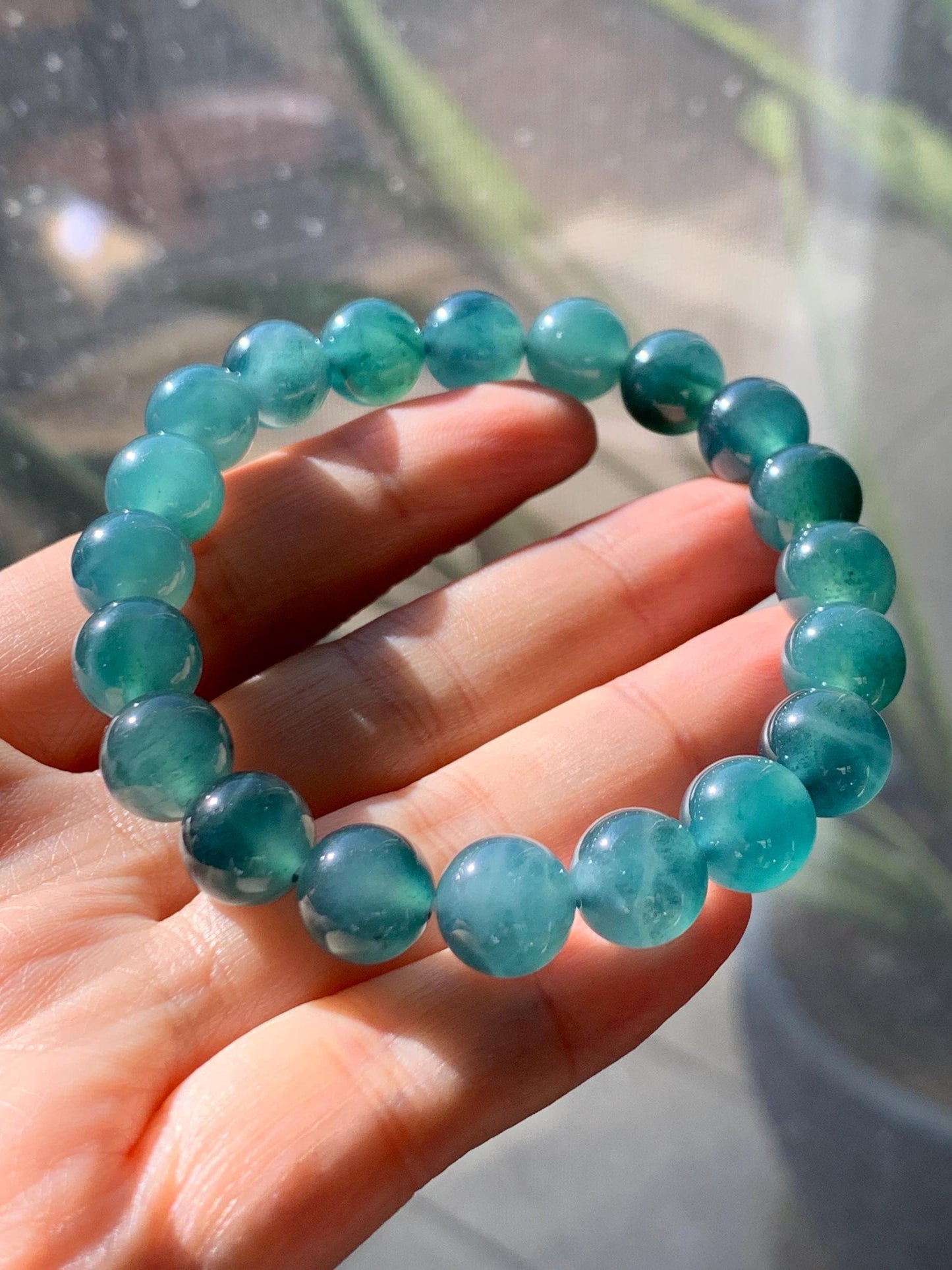 Natural Grade A Guatemalan Icy Highly Translucent Dark Teal Green Jade Jadeite Beaded Bracelet Stretchy 9.8mm 7.25” 32g 天然冰危深蓝绿翡翠圆珠手串WTL480B