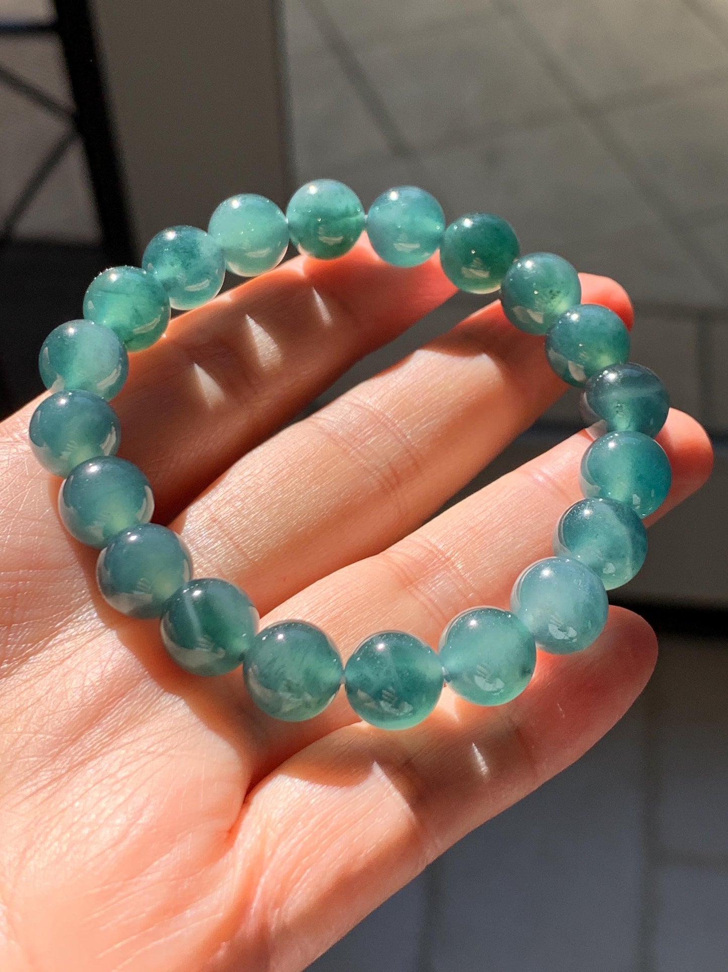 Natural Grade A Guatemalan Icy Highly Translucent Dark Teal Green Jade Jadeite Beaded Bracelet Stretchy 9.8mm 7.25” 32g 天然冰危深蓝绿翡翠圆珠手串WTL480B