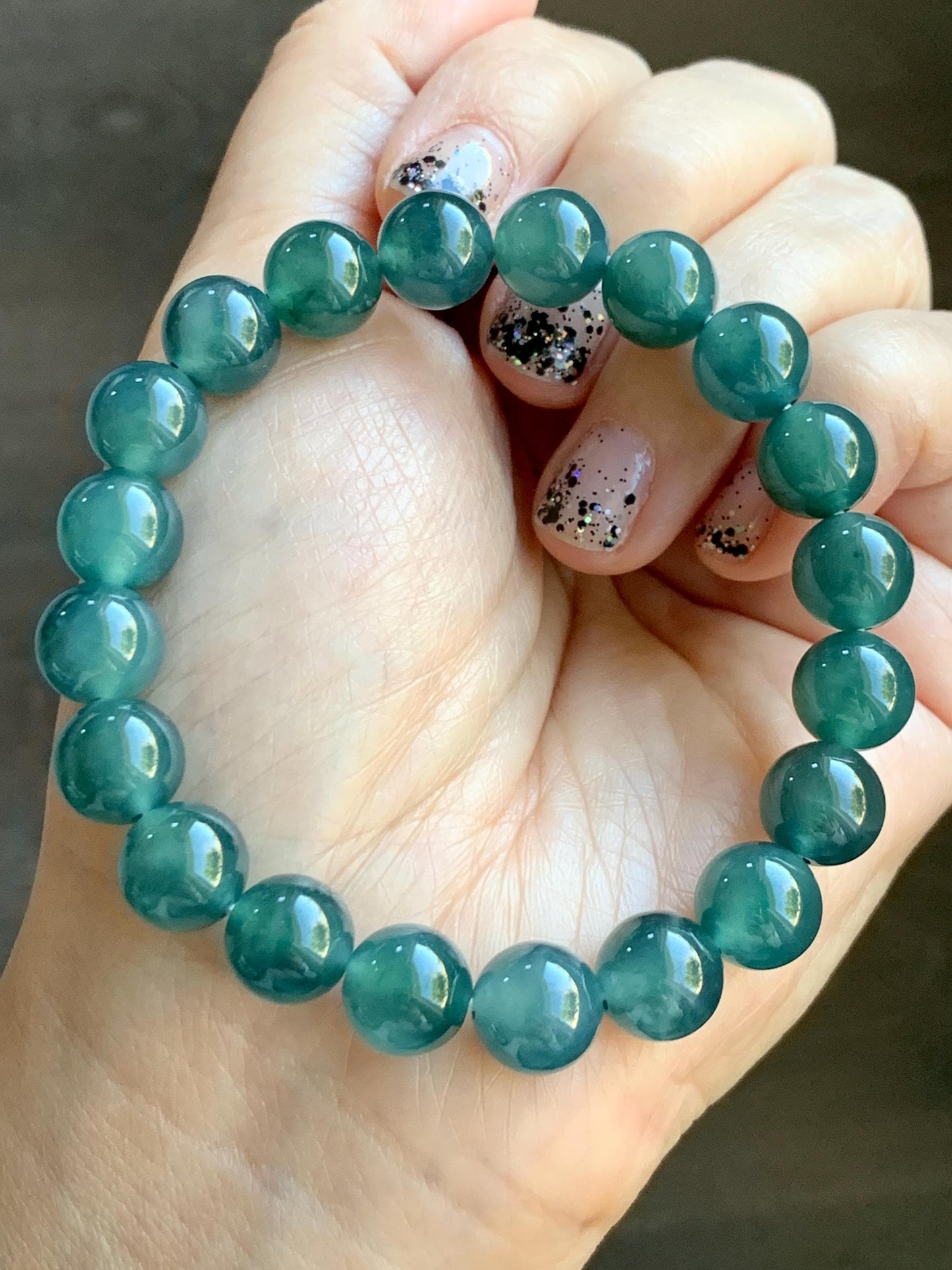 Natural Grade A Guatemalan Icy Highly Translucent Dark Teal Green Jade Jadeite Beaded Bracelet Stretchy 9.8mm 7.25” 32g 天然冰危深蓝绿翡翠圆珠手串WTL480B