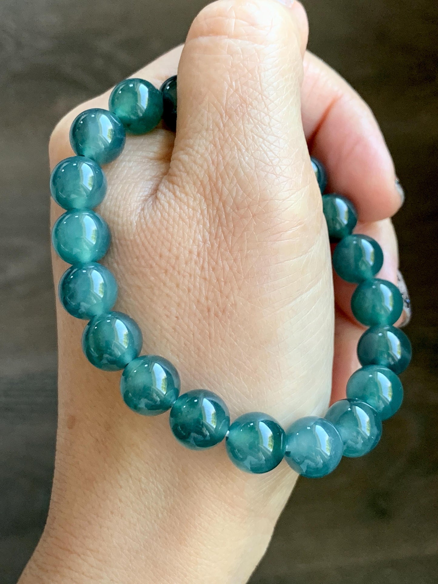 Natural Grade A Guatemalan Icy Highly Translucent Dark Teal Green Jade Jadeite Beaded Bracelet Stretchy 9.8mm 7.25” 32g 天然冰危深蓝绿翡翠圆珠手串WTL480B
