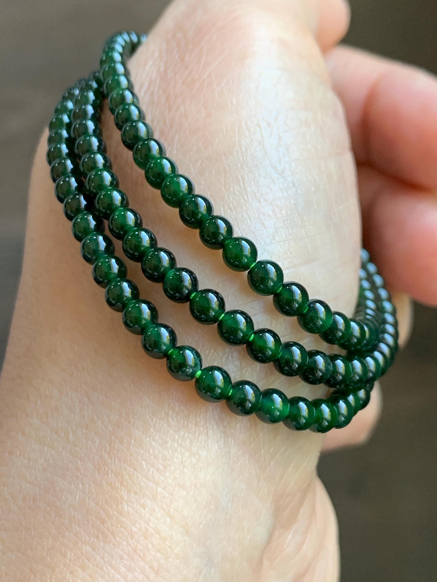 Certified Natural Grade A Guatemalan Icy Translucent Deep Green Jade Jadeite Petite Beads Beaded Necklace 3.8mm 20.5" 天然冰危深绿翡翠小圆珠项链753