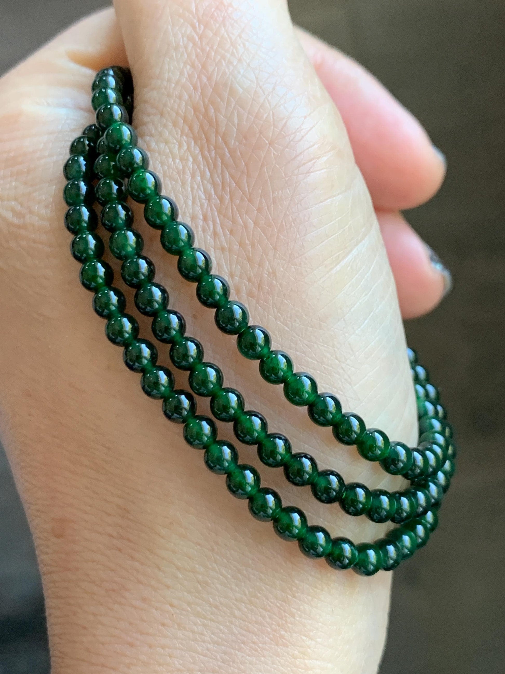 Certified Natural Grade A Guatemalan Icy Translucent Deep Green Jade Jadeite Petite Beads Beaded Necklace 3.8mm 20.5" 天然冰危深绿翡翠小圆珠项链753