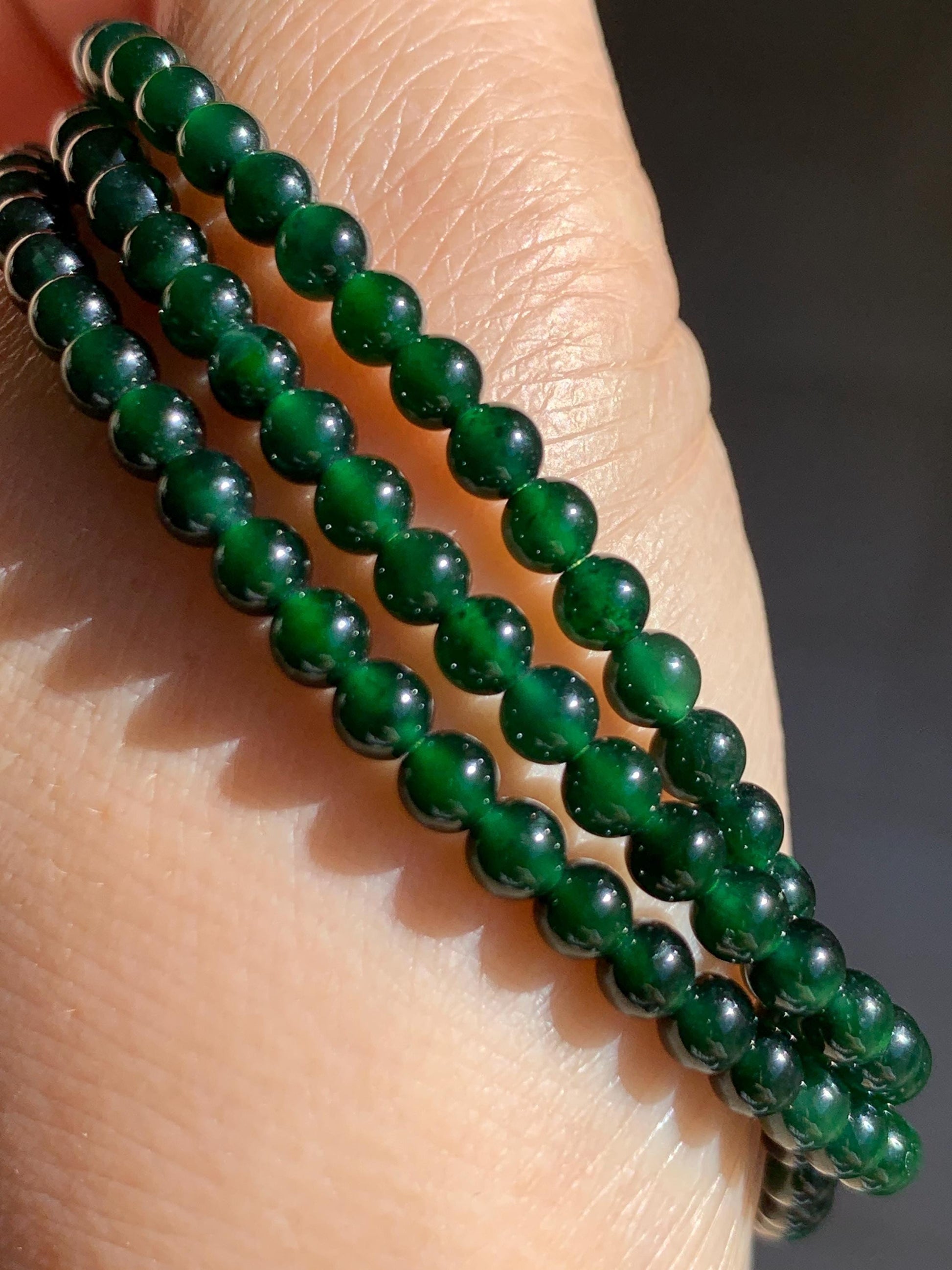 Certified Natural Grade A Guatemalan Icy Translucent Deep Green Jade Jadeite Petite Beads Beaded Necklace 3.8mm 20.5" 天然冰危深绿翡翠小圆珠项链753