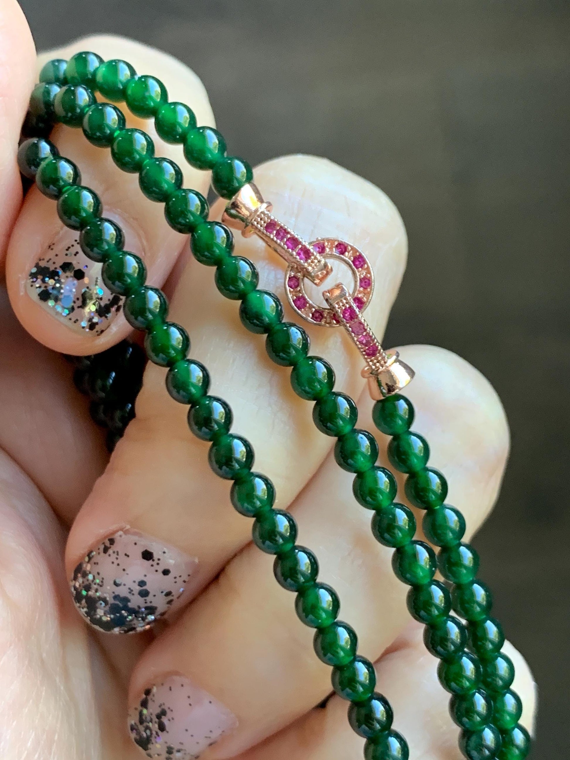 Certified Natural Grade A Guatemalan Icy Translucent Deep Green Jade Jadeite Petite Beads Beaded Necklace 3.8mm 20.5" 天然冰危深绿翡翠小圆珠项链753