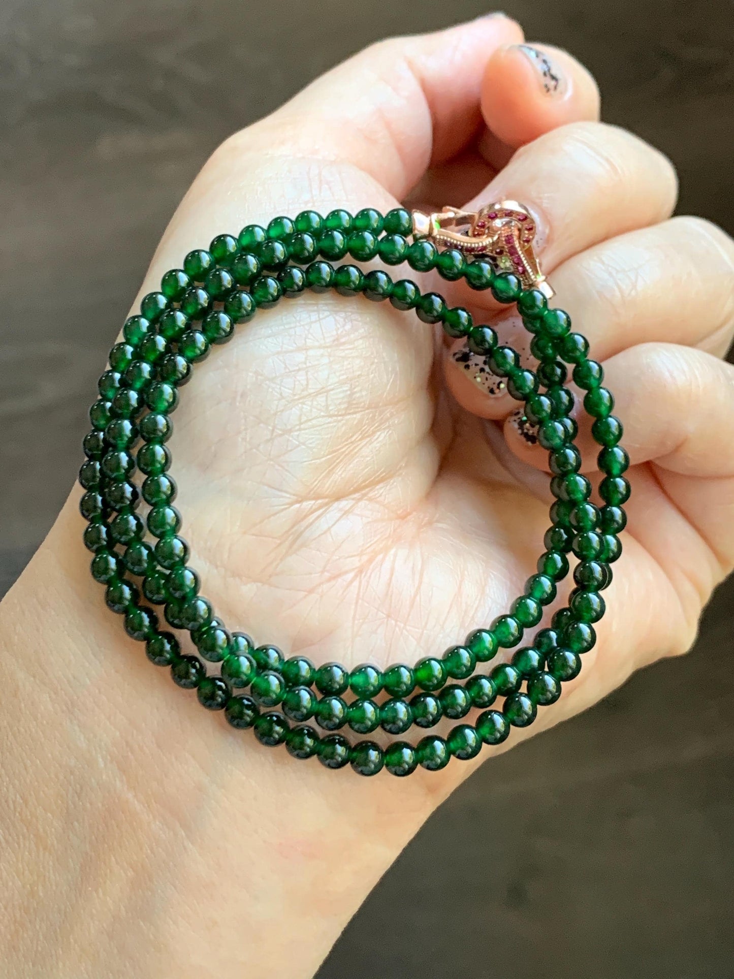 Certified Natural Grade A Guatemalan Icy Translucent Deep Green Jade Jadeite Petite Beads Beaded Necklace 3.8mm 20.5" 天然冰危深绿翡翠小圆珠项链753