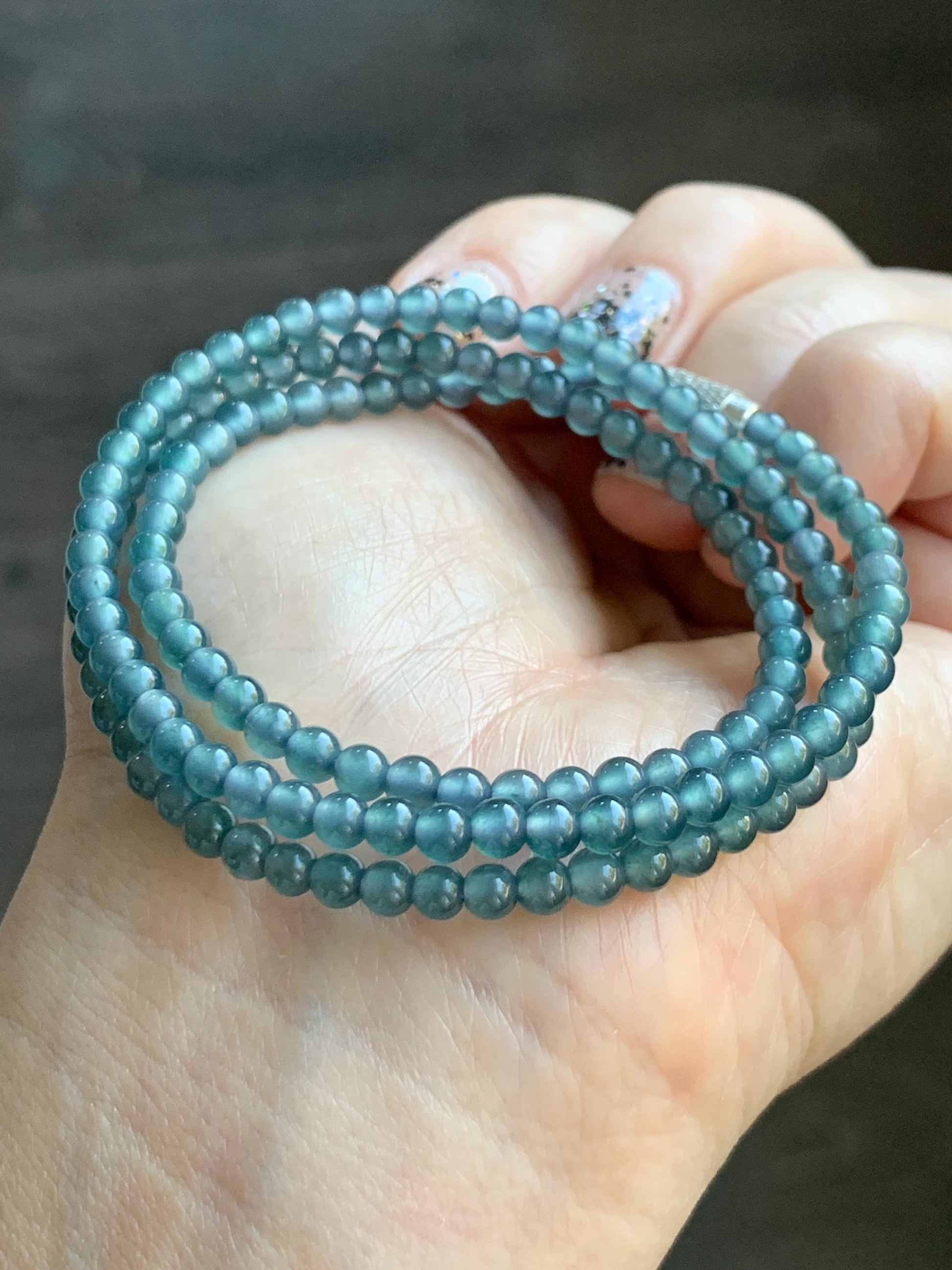 Grade A Natural Guatemalan Icy Highly Translucent Dusty Teal Blue Jade Jadeite Petite Beaded Necklace 3.9mm 20” 14g 天然冰危蓝翡翠圆珠项链 WXL628