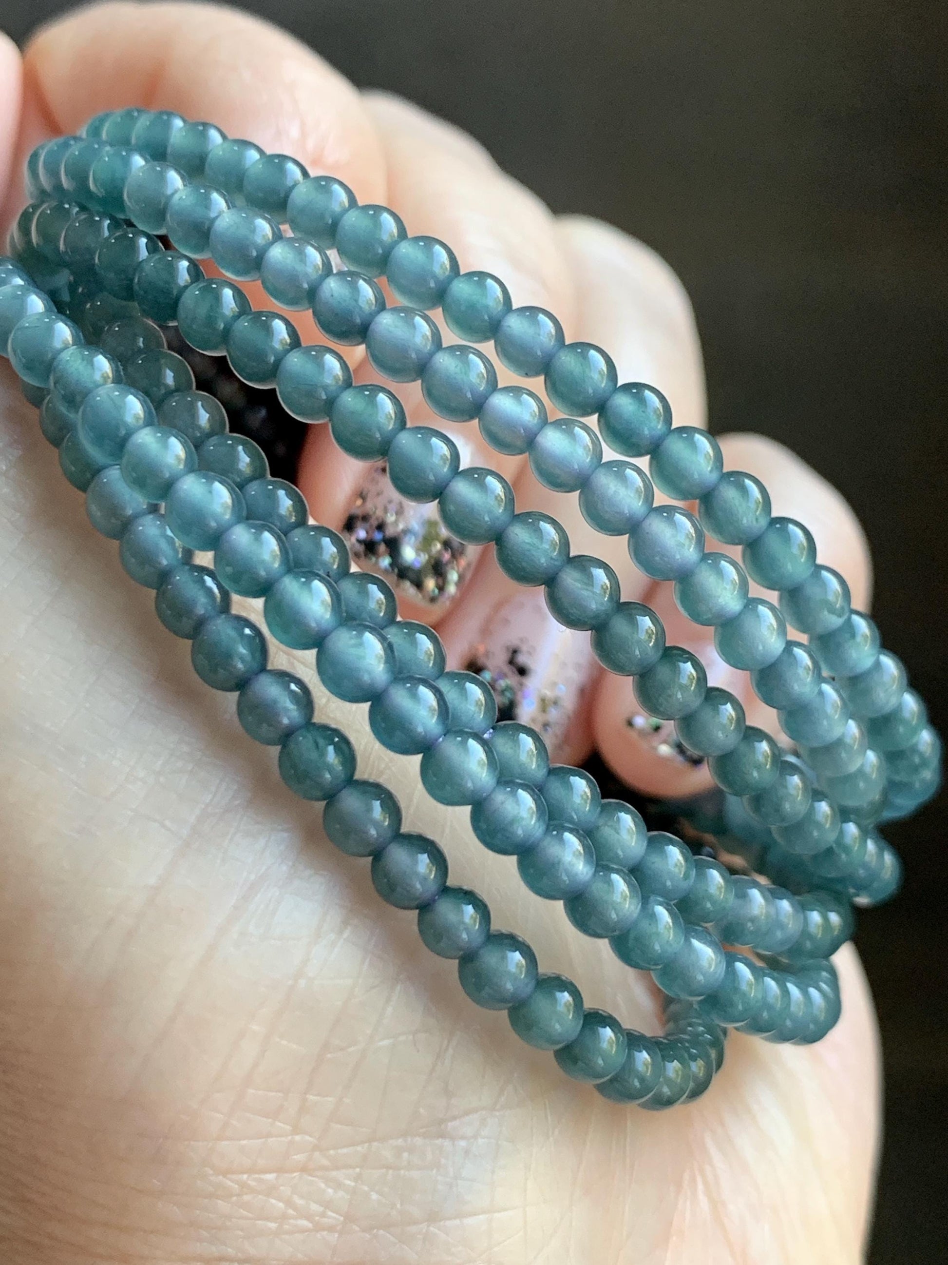 Grade A Natural Guatemalan Icy Highly Translucent Dusty Teal Blue Jade Jadeite Petite Beaded Necklace 3.9mm 20” 14g 天然冰危蓝翡翠圆珠项链 WXL628