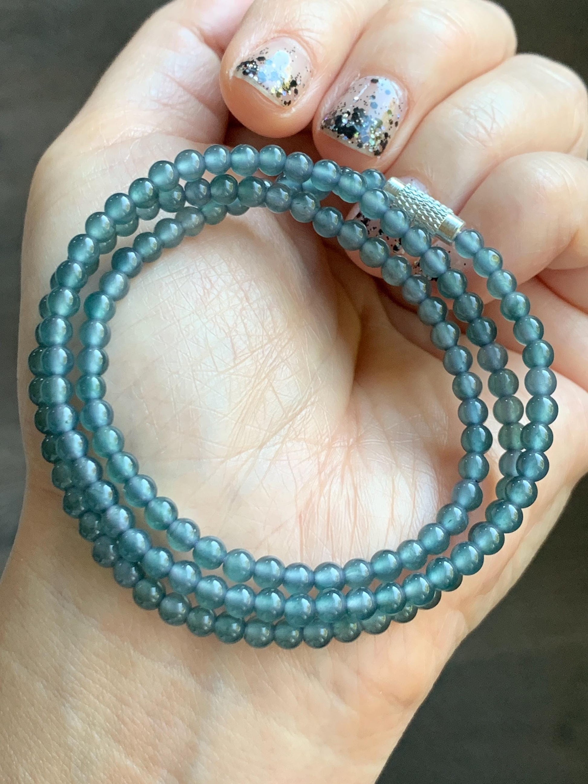 Grade A Natural Guatemalan Icy Highly Translucent Dusty Teal Blue Jade Jadeite Petite Beaded Necklace 3.9mm 20” 14g 天然冰危蓝翡翠圆珠项链 WXL628