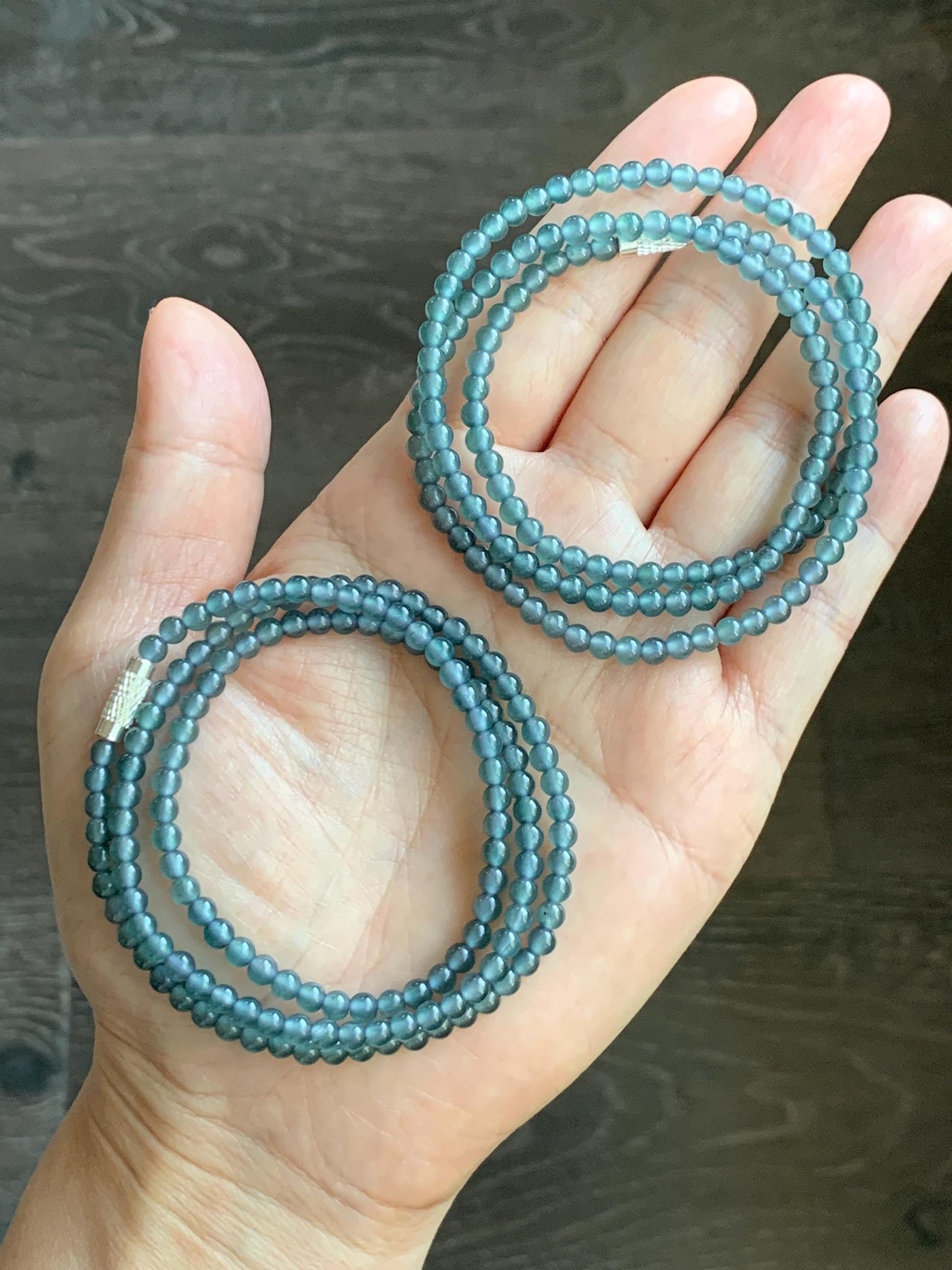 Grade A Natural Guatemalan Icy Highly Translucent Dusty Teal Blue Jade Jadeite Petite Beaded Necklace 3.9mm 20” 14g 天然冰危蓝翡翠圆珠项链 WXL628
