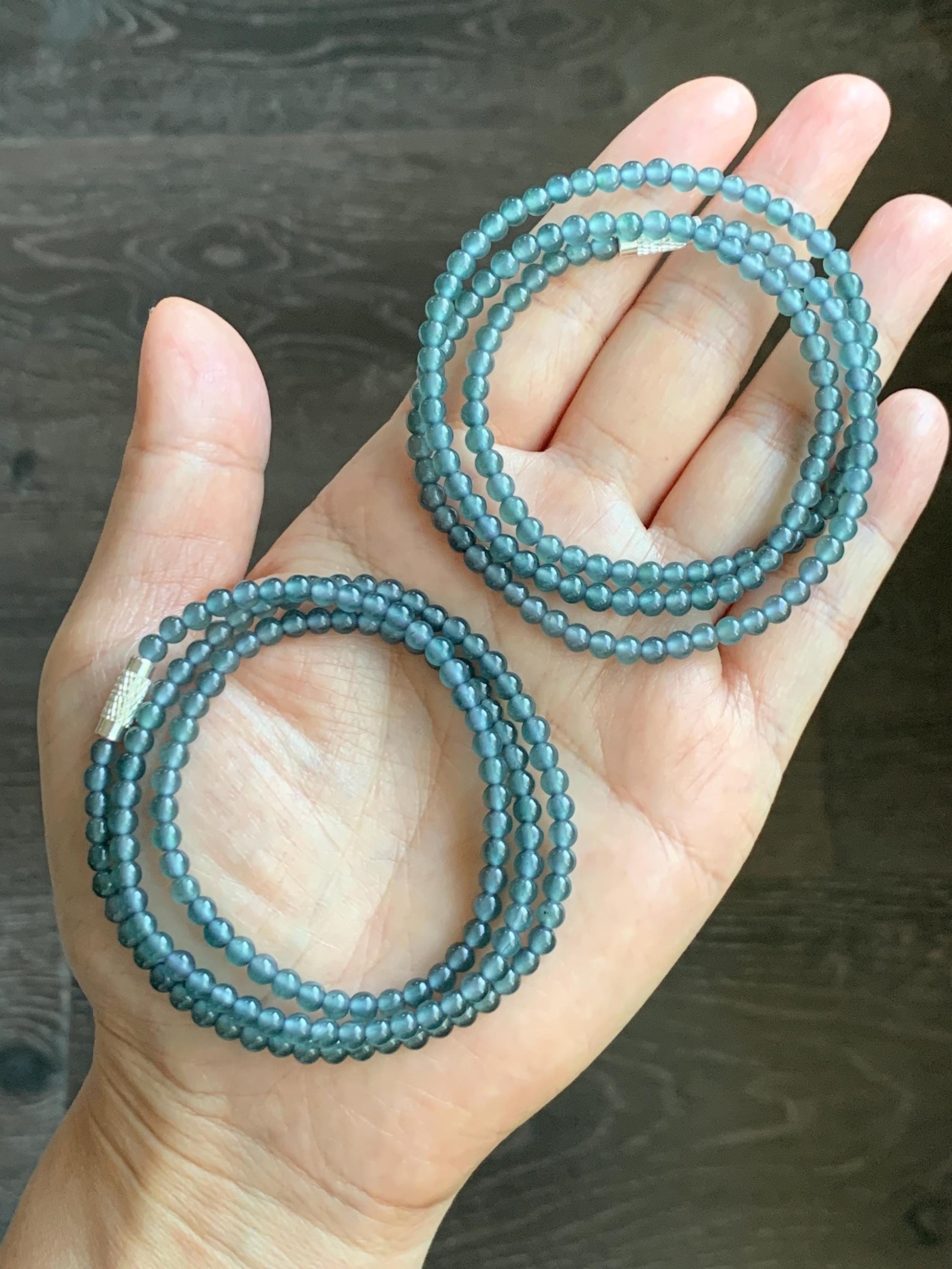 Grade A Natural Guatemalan Icy Highly Translucent Dusty Teal Blue Jade Jadeite Petite Beaded Necklace 3.9mm 20” 14g 天然冰危蓝翡翠圆珠项链 WXL628