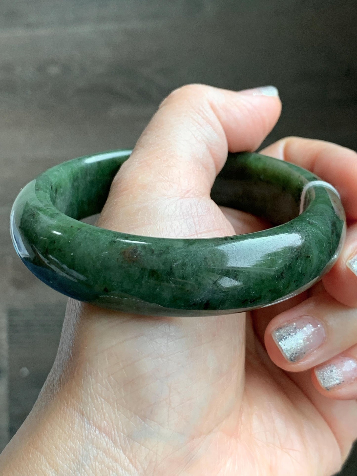 Certified Natural Nephrite Jade Translucent Dark Dusty Olive Green Bangle Bracelet 57.58mm 7.11” 72.62g 天然和田玉轮胎宽手镯 149