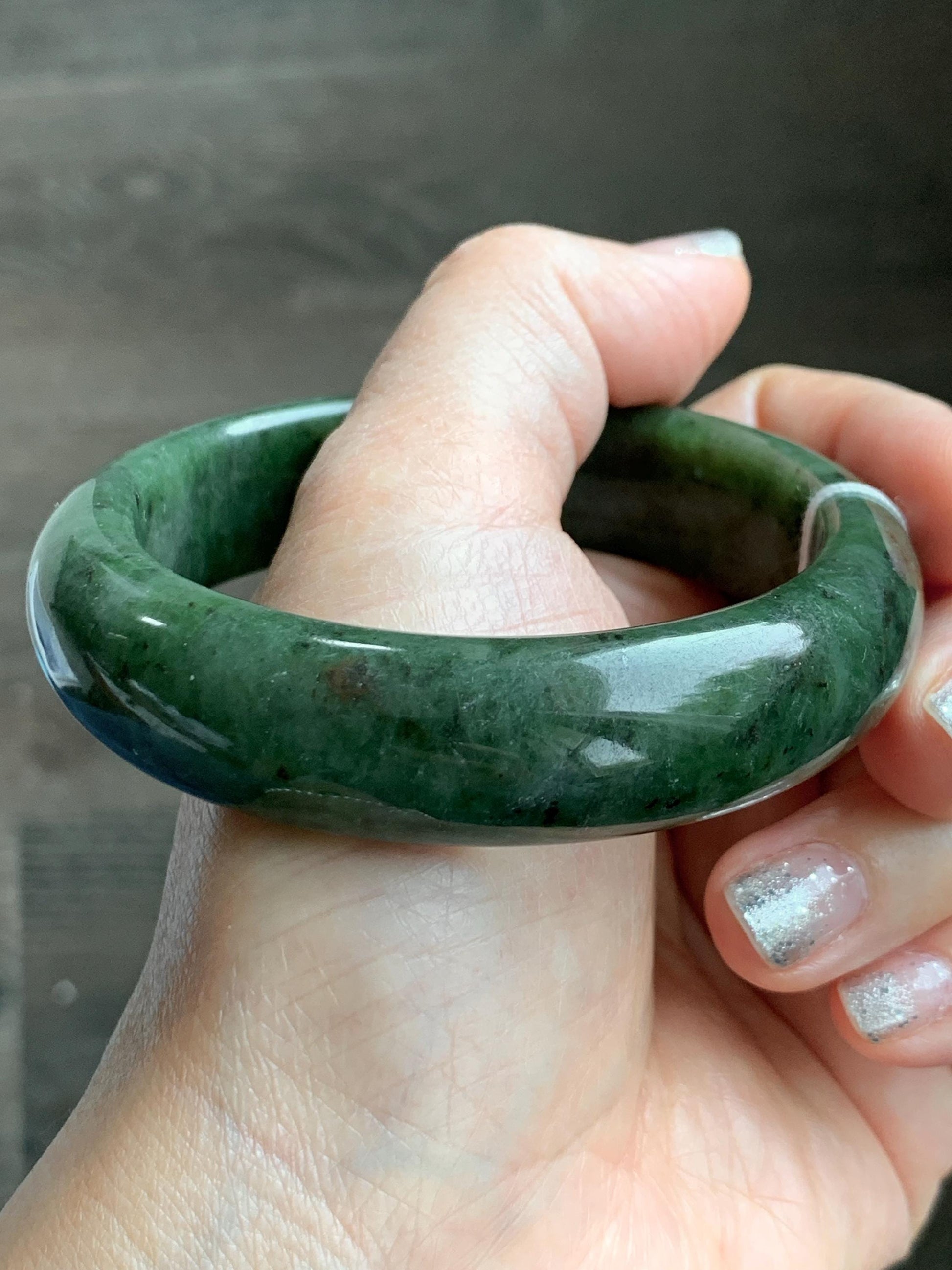 Certified Natural Nephrite Jade Translucent Dark Dusty Olive Green Bangle Bracelet 57.58mm 7.11” 72.62g 天然和田玉轮胎宽手镯 149