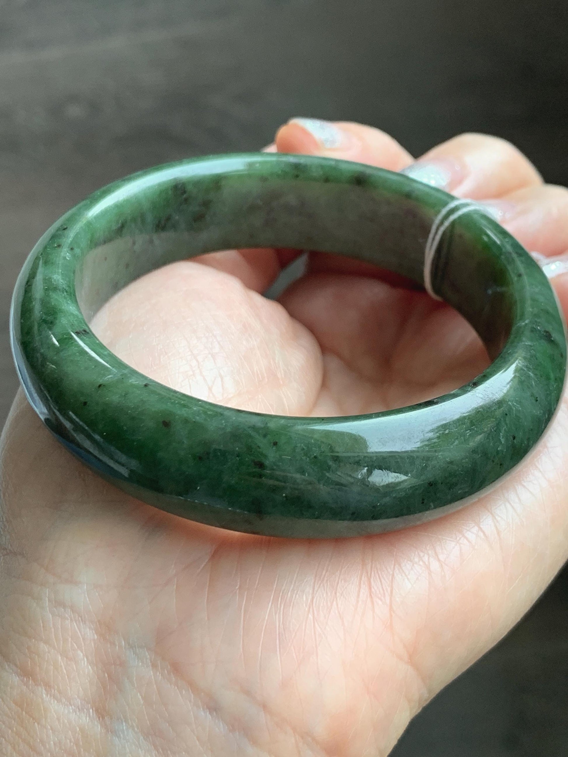 Certified Natural Nephrite Jade Translucent Dark Dusty Olive Green Bangle Bracelet 57.58mm 7.11” 72.62g 天然和田玉轮胎宽手镯 149