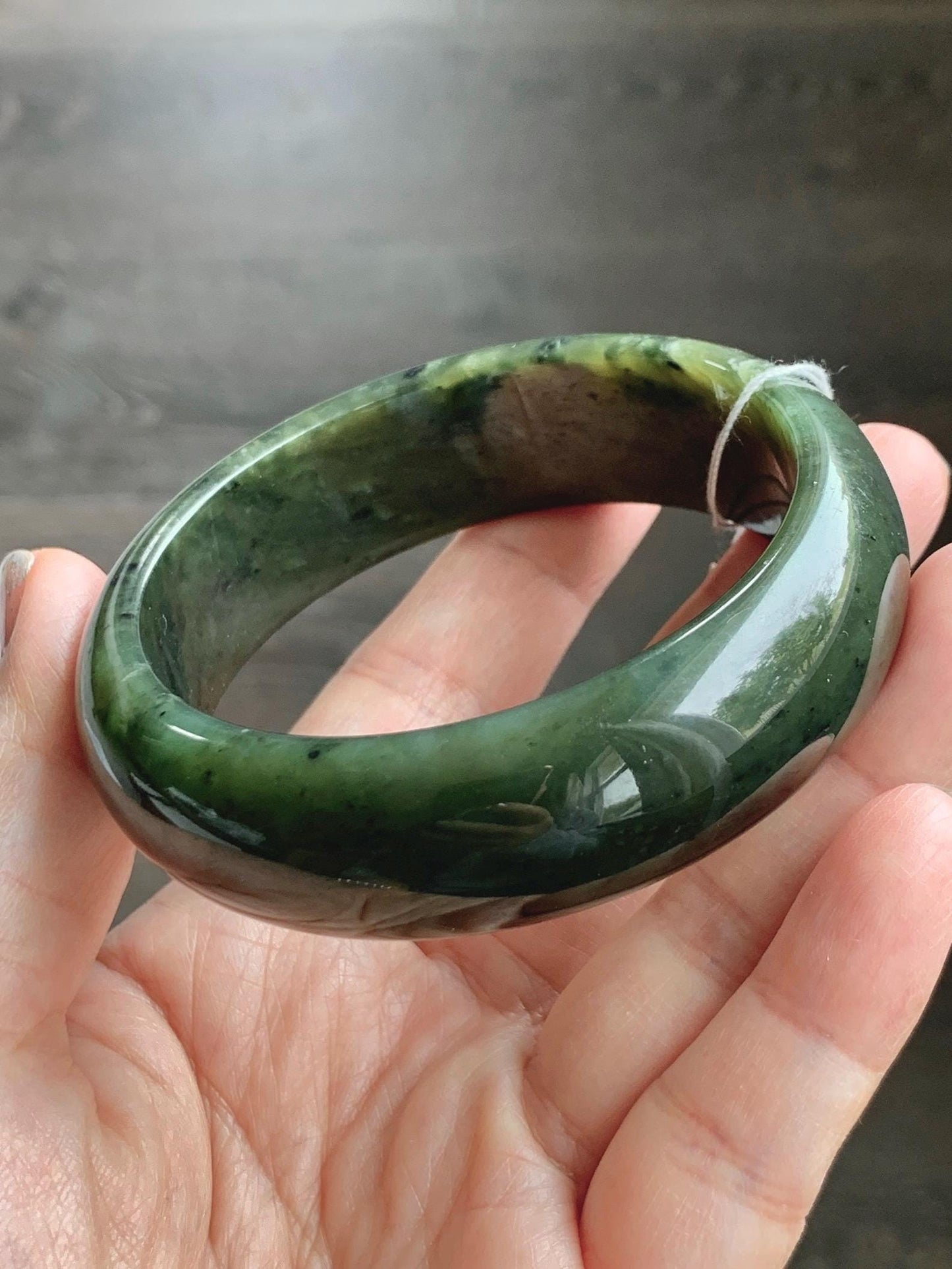 Certified Natural Nephrite Jade Translucent Dark Green Bangle Bracelet 58.29mm 7.2” 77.26g 天然和田玉轮胎宽手镯 147