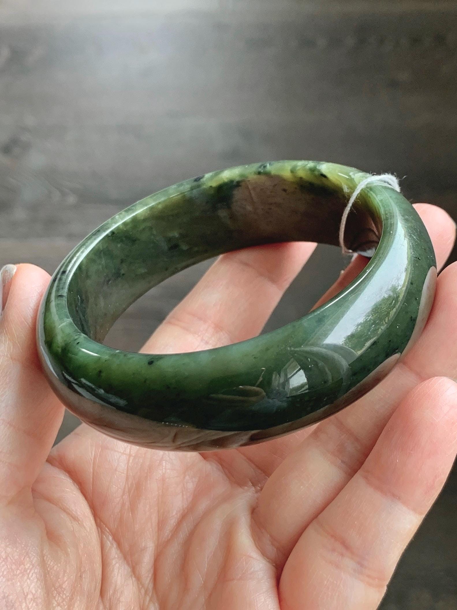 Certified Natural Nephrite Jade Translucent Dark Green Bangle Bracelet 58.29mm 7.2” 77.26g 天然和田玉轮胎宽手镯 147