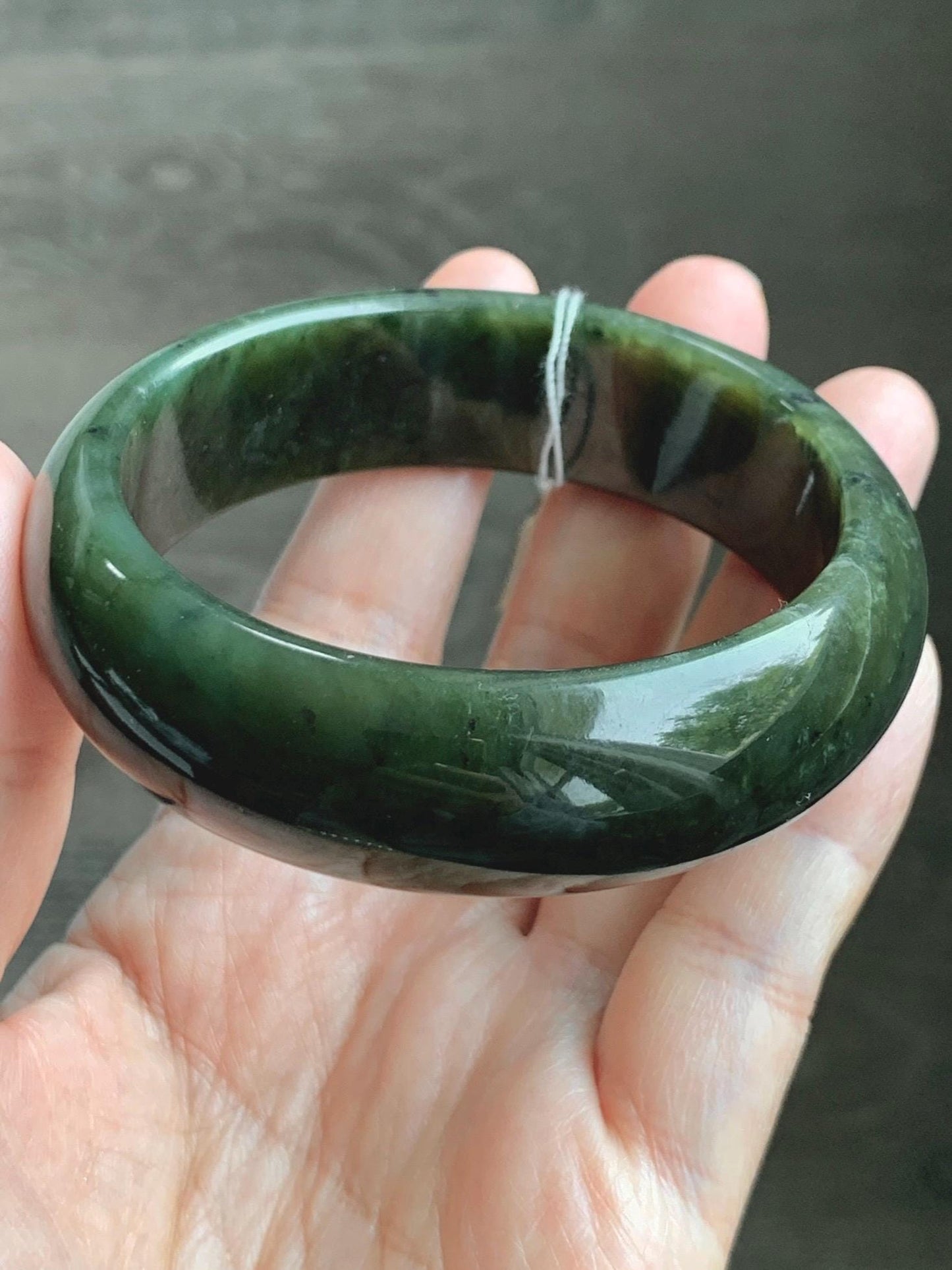 Certified Natural Nephrite Jade Translucent Dark Green Bangle Bracelet 58.29mm 7.2” 77.26g 天然和田玉轮胎宽手镯 147