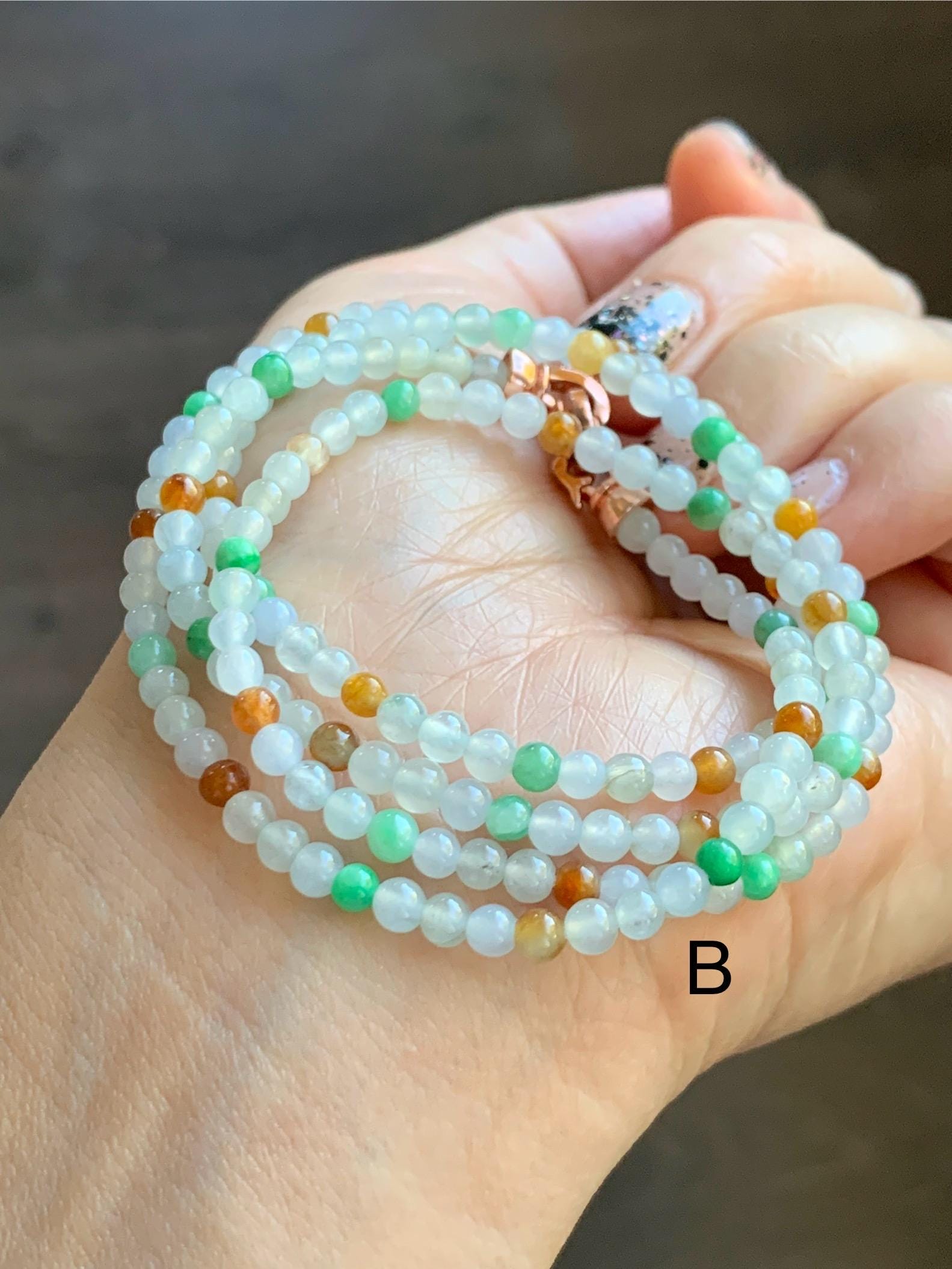 Grade A Natural Icy Translucent Multicolored Jade Jadeite Petite Beads Beaded Necklace 3.5mm 24” 15g 天然冰多宝翡翠小圆珠项链 MDBX