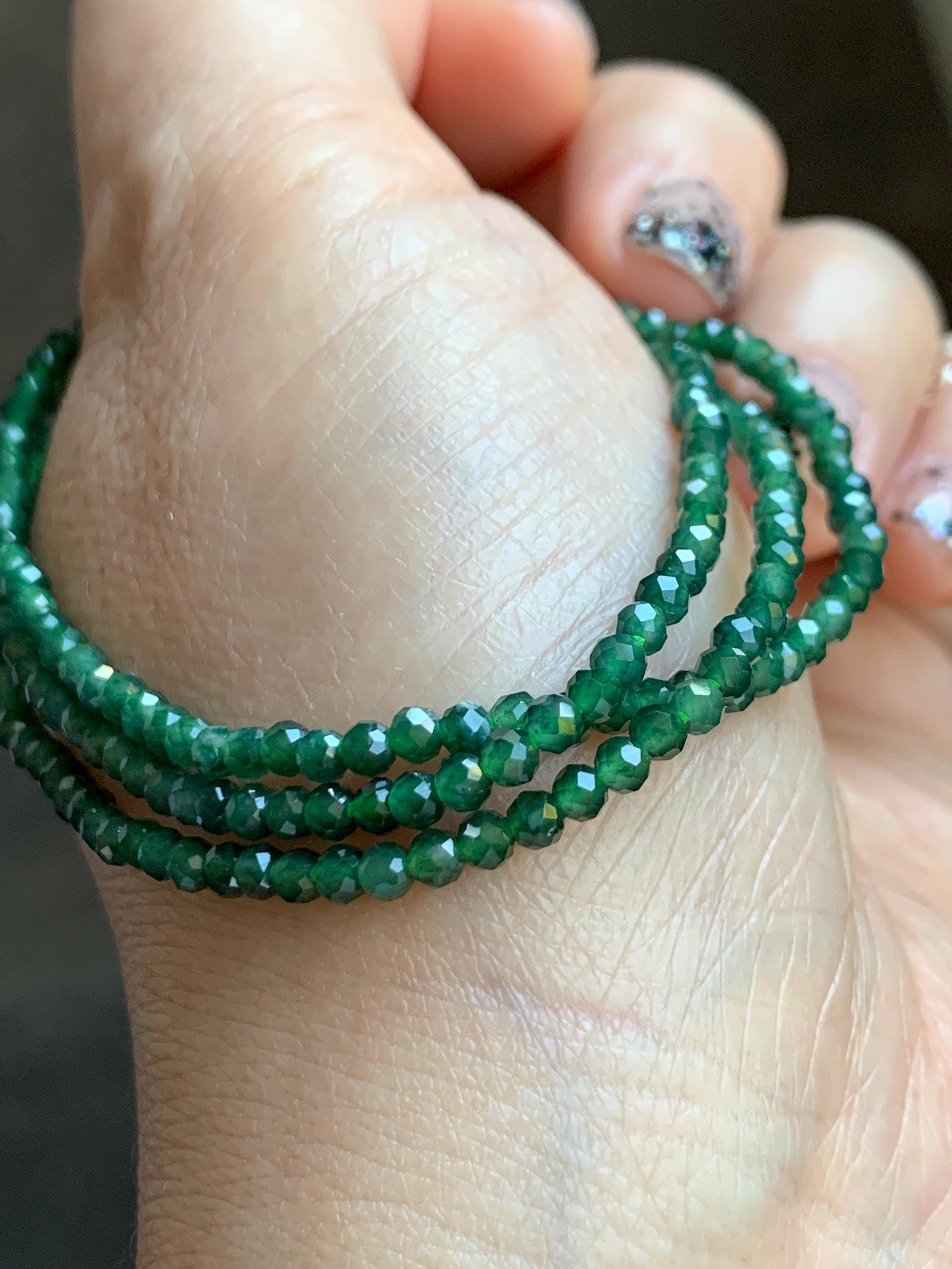 Natural Grade A Guatemalan Icy Translucent Dark Green Jade Jadeite Petite Faceted Beads Necklace Sterling Silver 3mm 22” 天然冰危绿翡翠切割圆珠项链WLV260