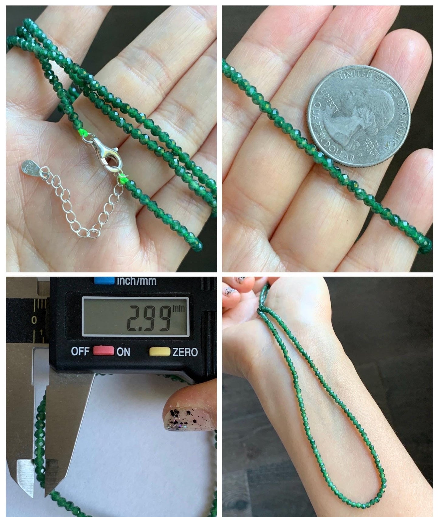 Natural Grade A Guatemalan Icy Translucent Dark Green Jade Jadeite Petite Faceted Beads Necklace Sterling Silver 3mm 22” 天然冰危绿翡翠切割圆珠项链WLV260